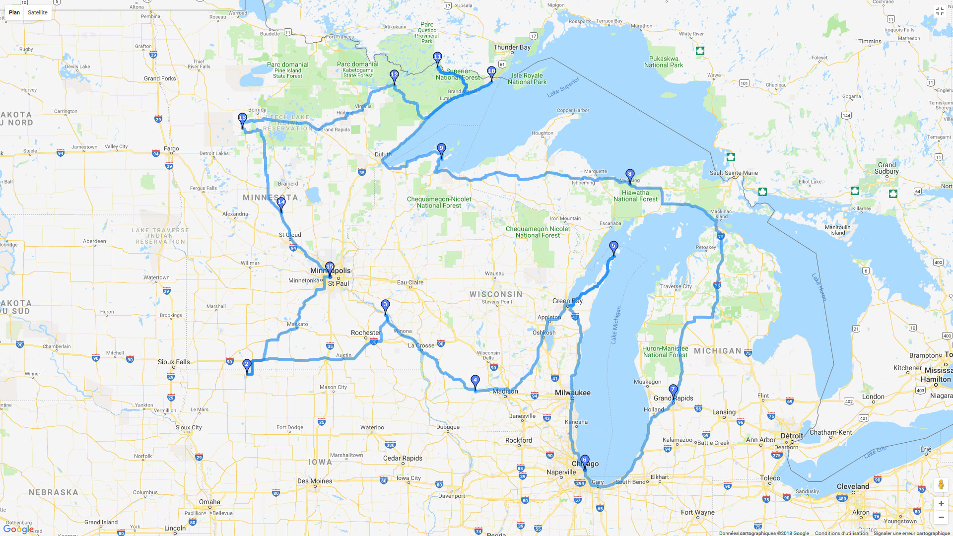 Pour zoomer sur la carte et avoir plus de détails, connectez-vous ! Carte roadbook Etats-Unis : les grands lacs américains