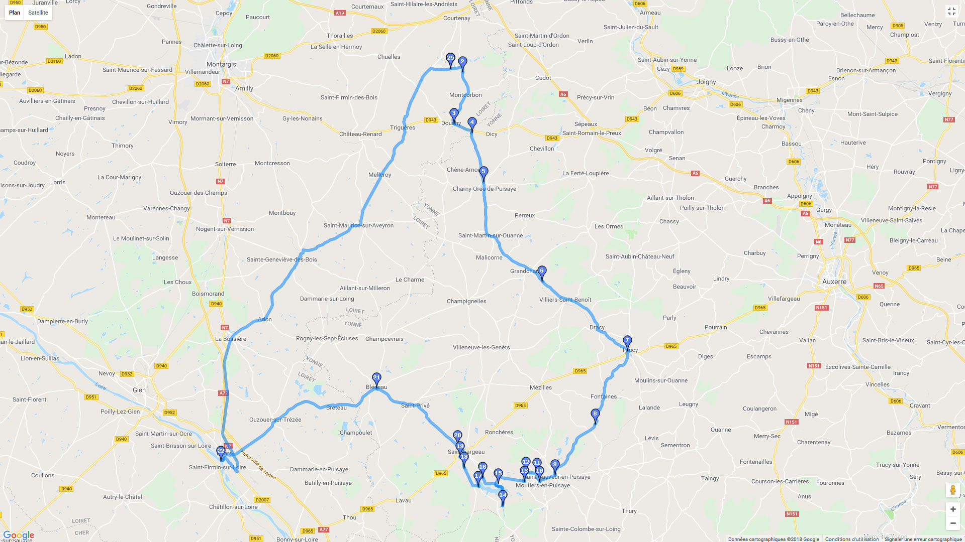 Pour zoomer sur la carte et avoir plus de détails, connectez-vous ! Carte roadbook Boucle Yonne/Loiret