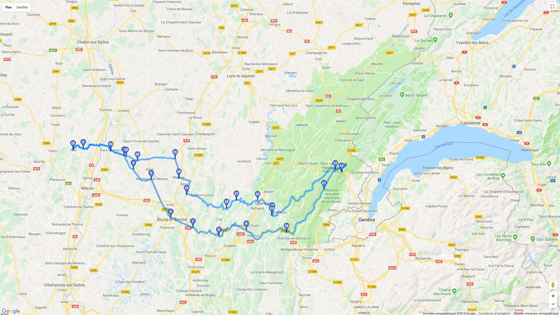 Pour zoomer sur la carte et avoir plus de détails, connectez-vous ! Carte roadbook Ain et Jura