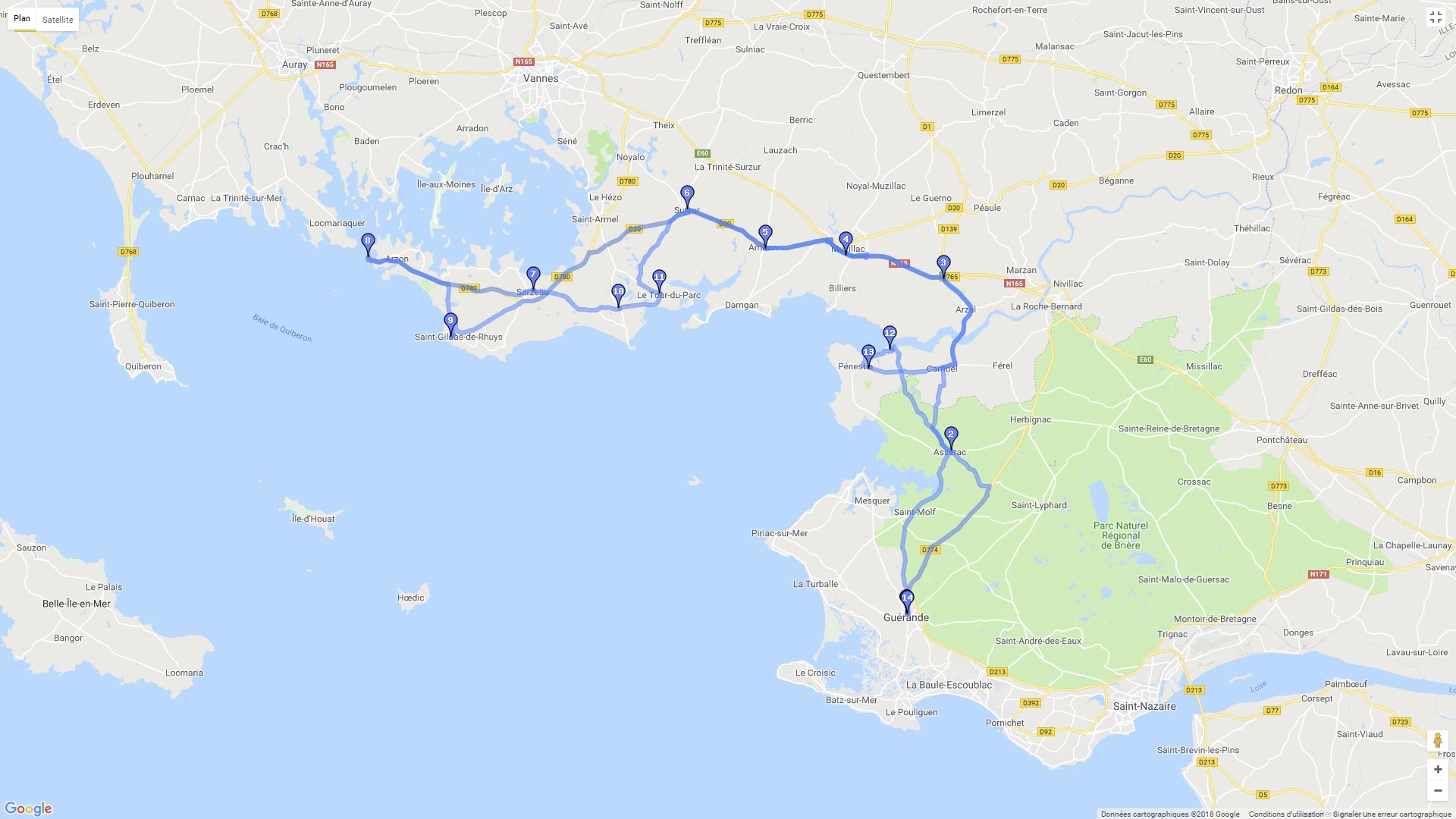 Pour zoomer sur la carte et avoir plus de détails, connectez-vous ! Carte roadbook Bretagne sud et Morbihan