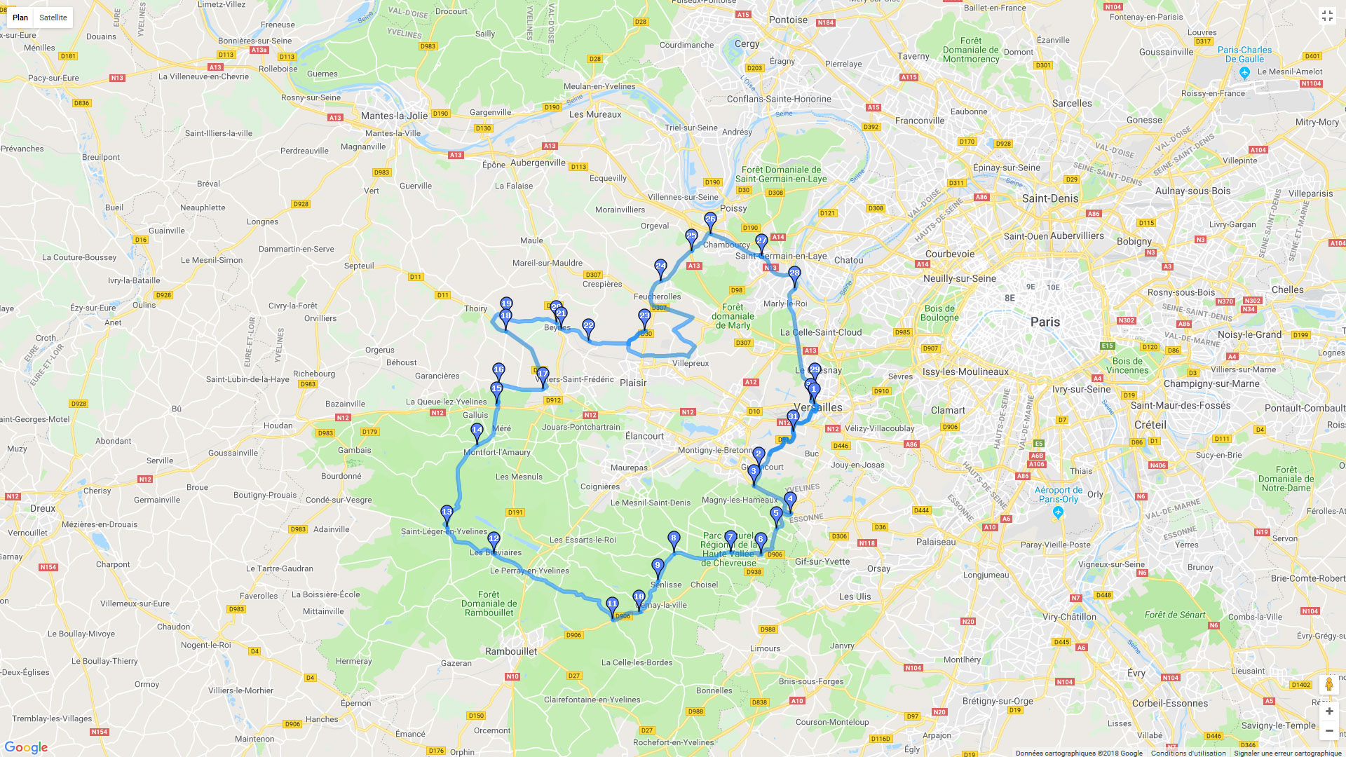 Pour zoomer sur la carte et avoir plus de détails, connectez-vous ! Carte roadbook Versailles - Vallée de Chevreuse
