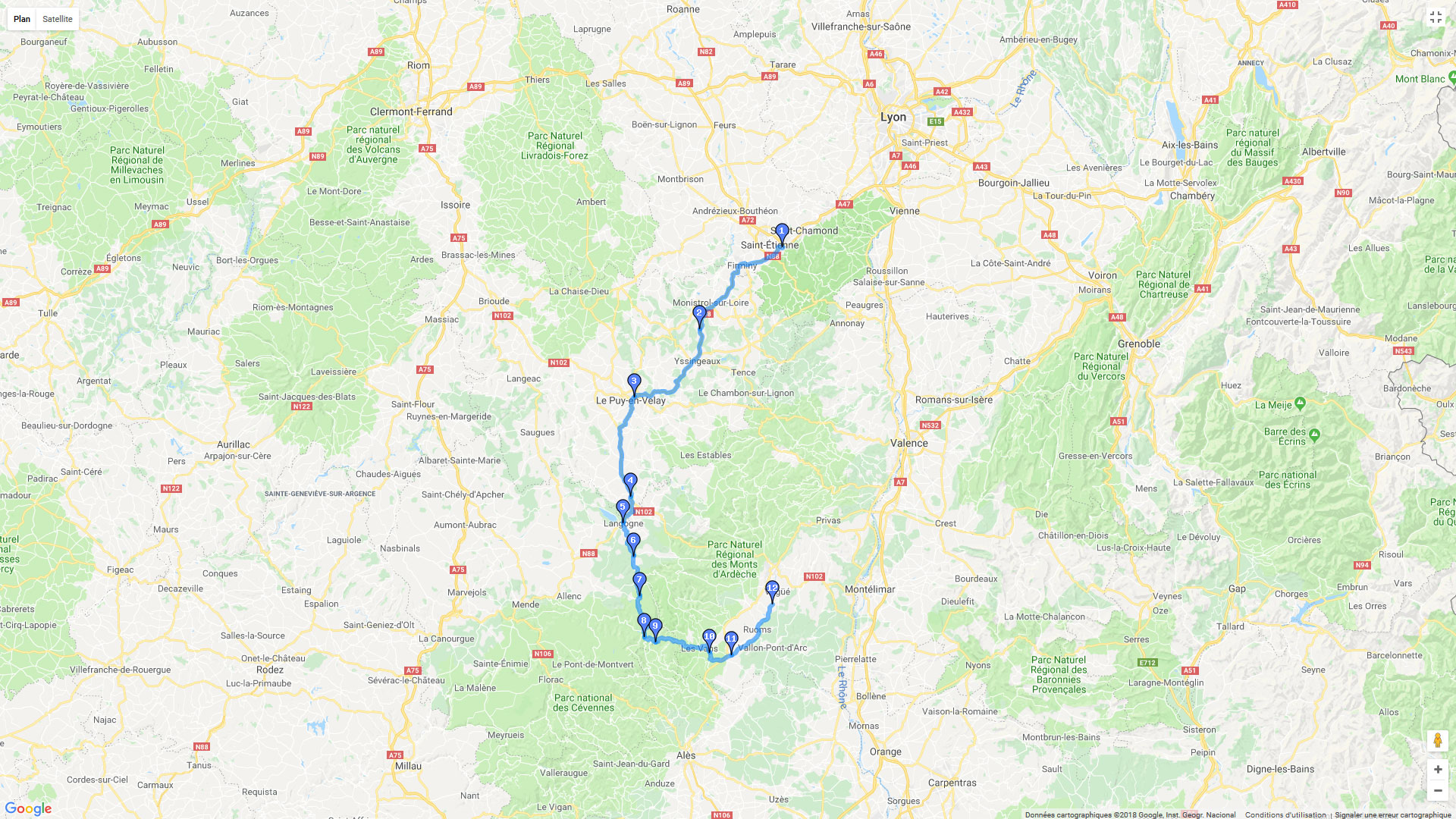 Pour zoomer sur la carte et avoir plus de détails, connectez-vous ! Carte roadbook St Etienne - St Maurice d'Ardèche