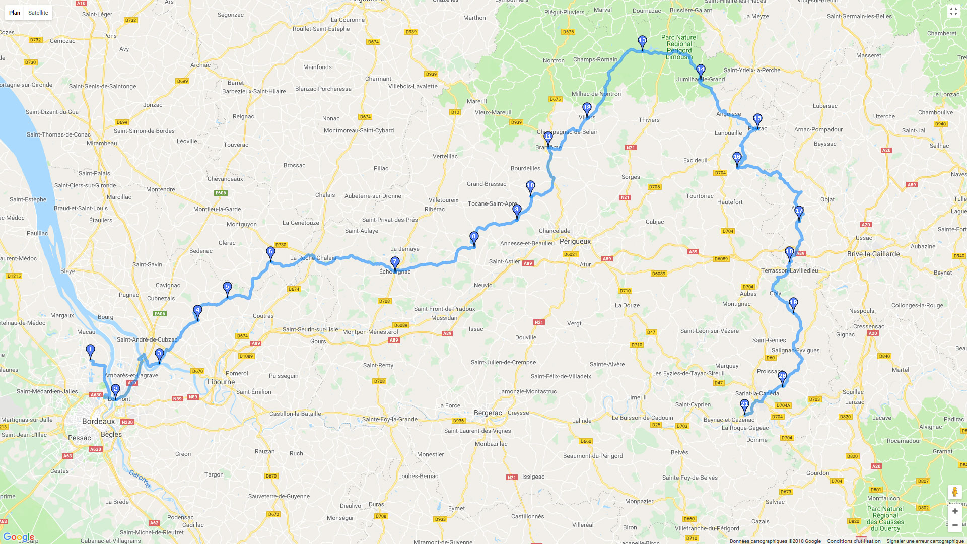 Pour zoomer sur la carte et avoir plus de détails, connectez-vous ! Carte roadbook Du Haut Médoc au Périgor Noir