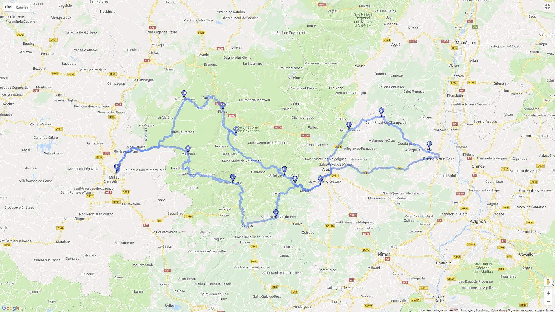 Pour zoomer sur la carte et avoir plus de détails, connectez-vous ! Carte roadbook Saint Gervais - Millau et retour