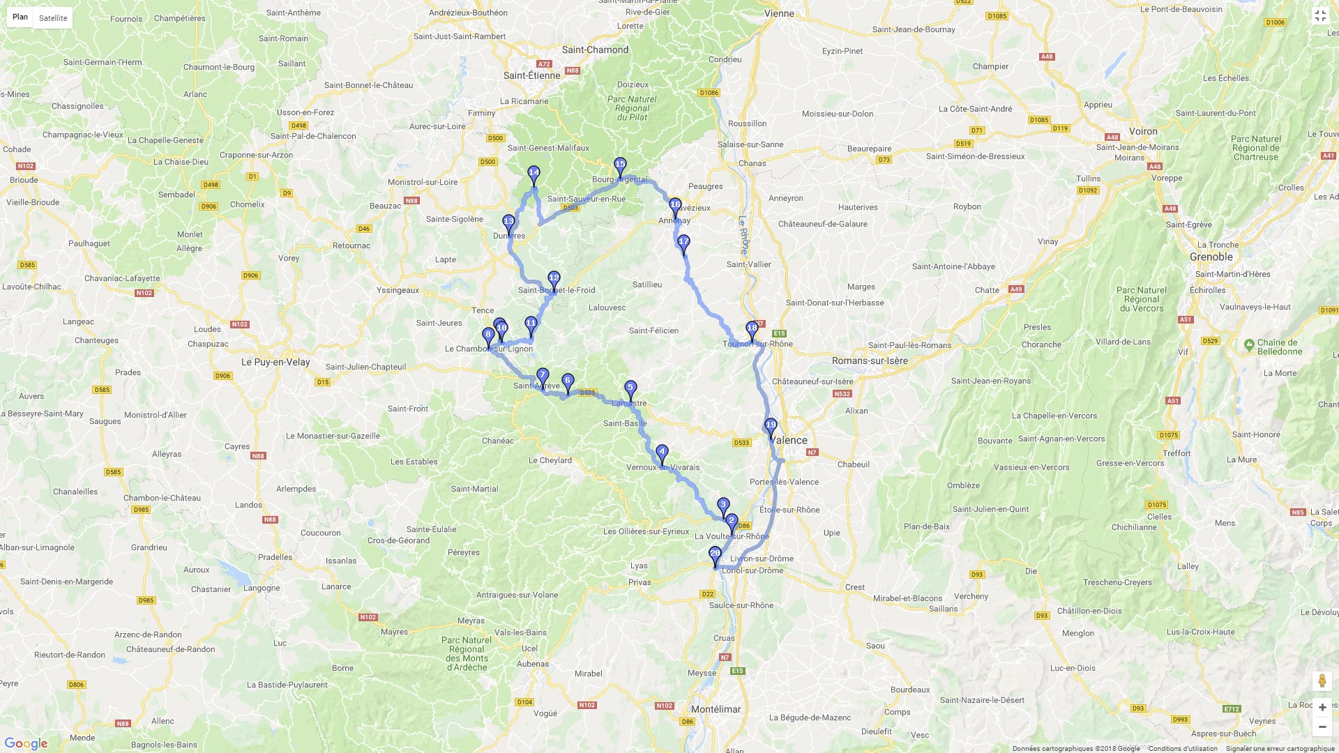 Pour zoomer sur la carte et avoir plus de détails, connectez-vous ! Carte roadbook De la vallée du Rhône à la Haute Ardèche en passant par la Haute Loire