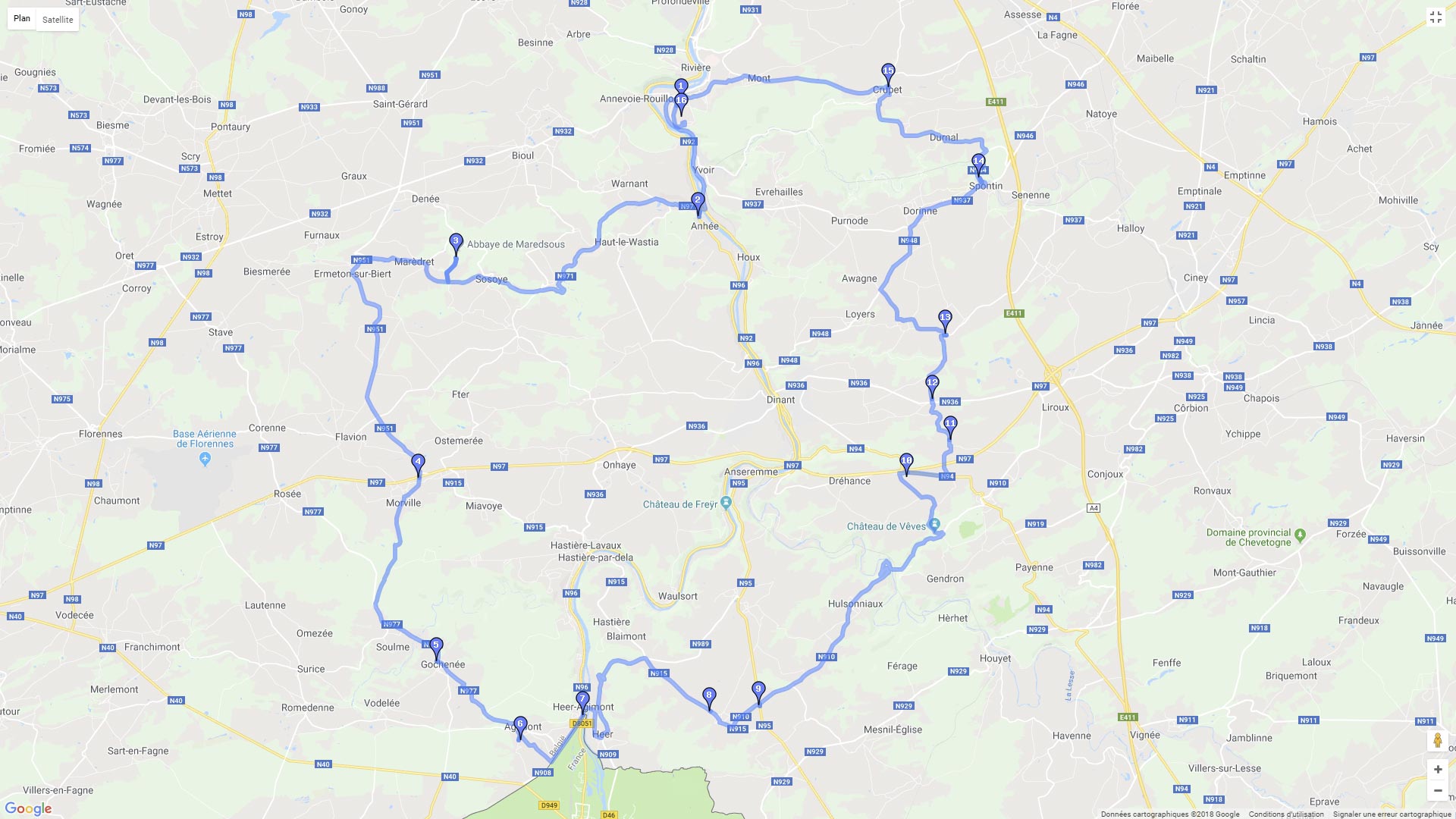 Pour zoomer sur la carte et avoir plus de détails, connectez-vous ! Carte roadbook Autour de Dinant