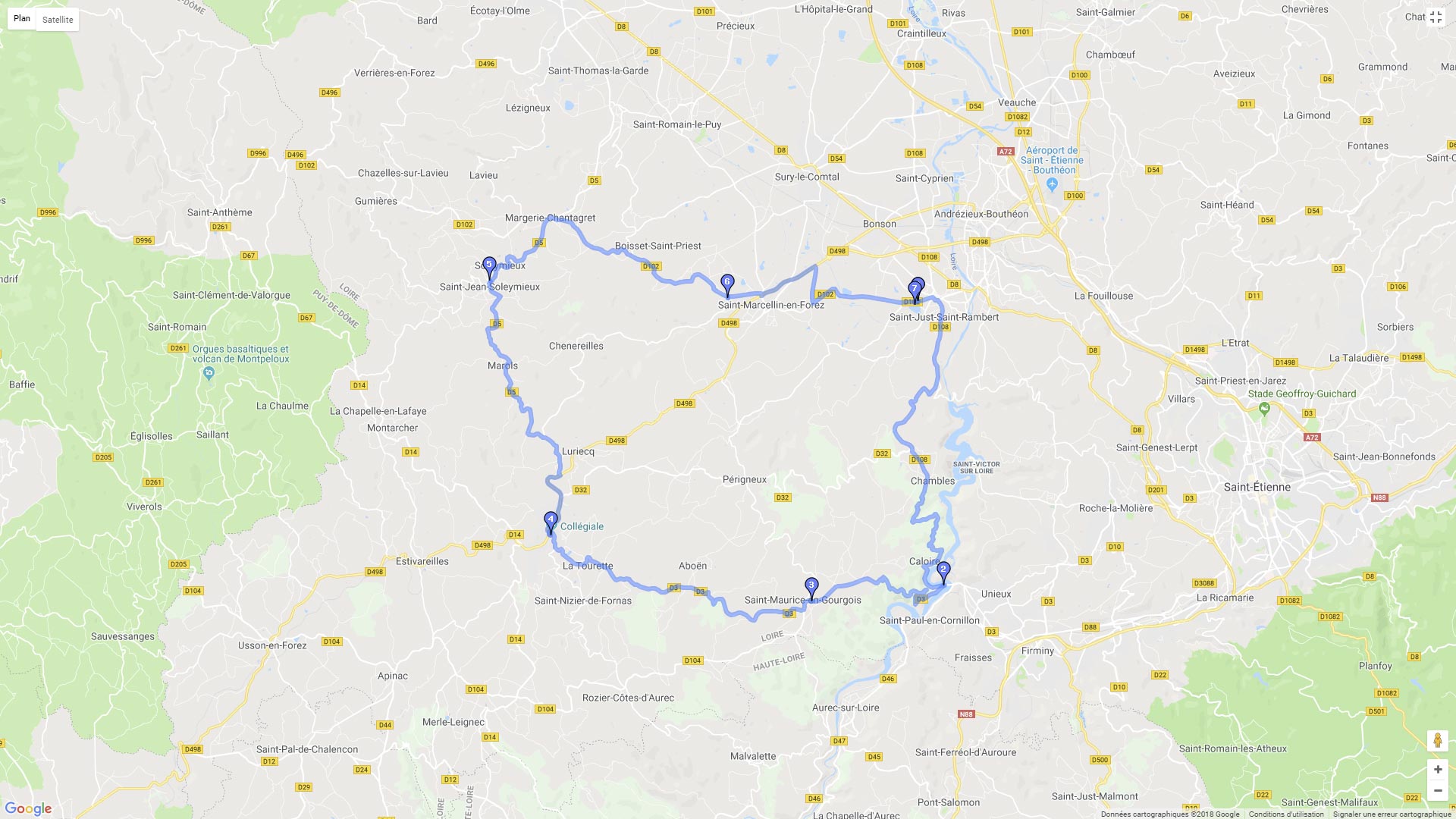Pour zoomer sur la carte et avoir plus de détails, connectez-vous ! Carte roadbook A l'ouest de St Etienne