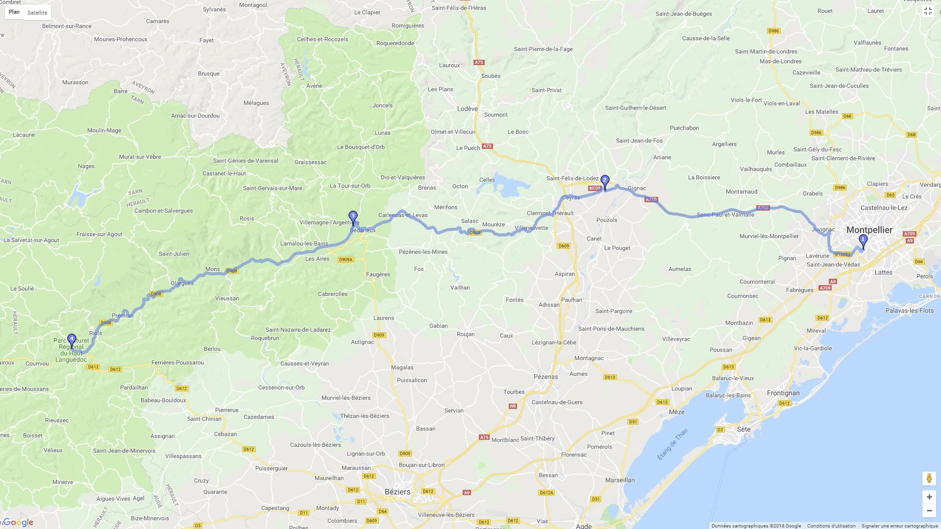 Pour zoomer sur la carte et avoir plus de détails, connectez-vous ! Carte roadbook De Montpellier à Saint Pons de Thomières