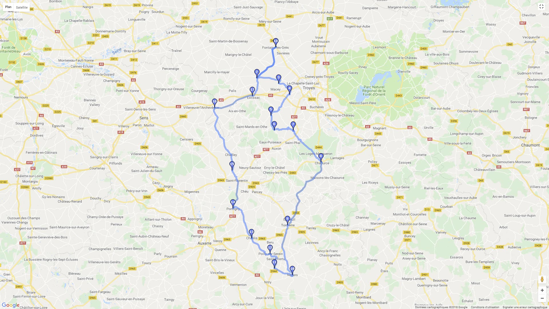 Pour zoomer sur la carte et avoir plus de détails, connectez-vous ! Carte roadbook Balade icaunaise variante