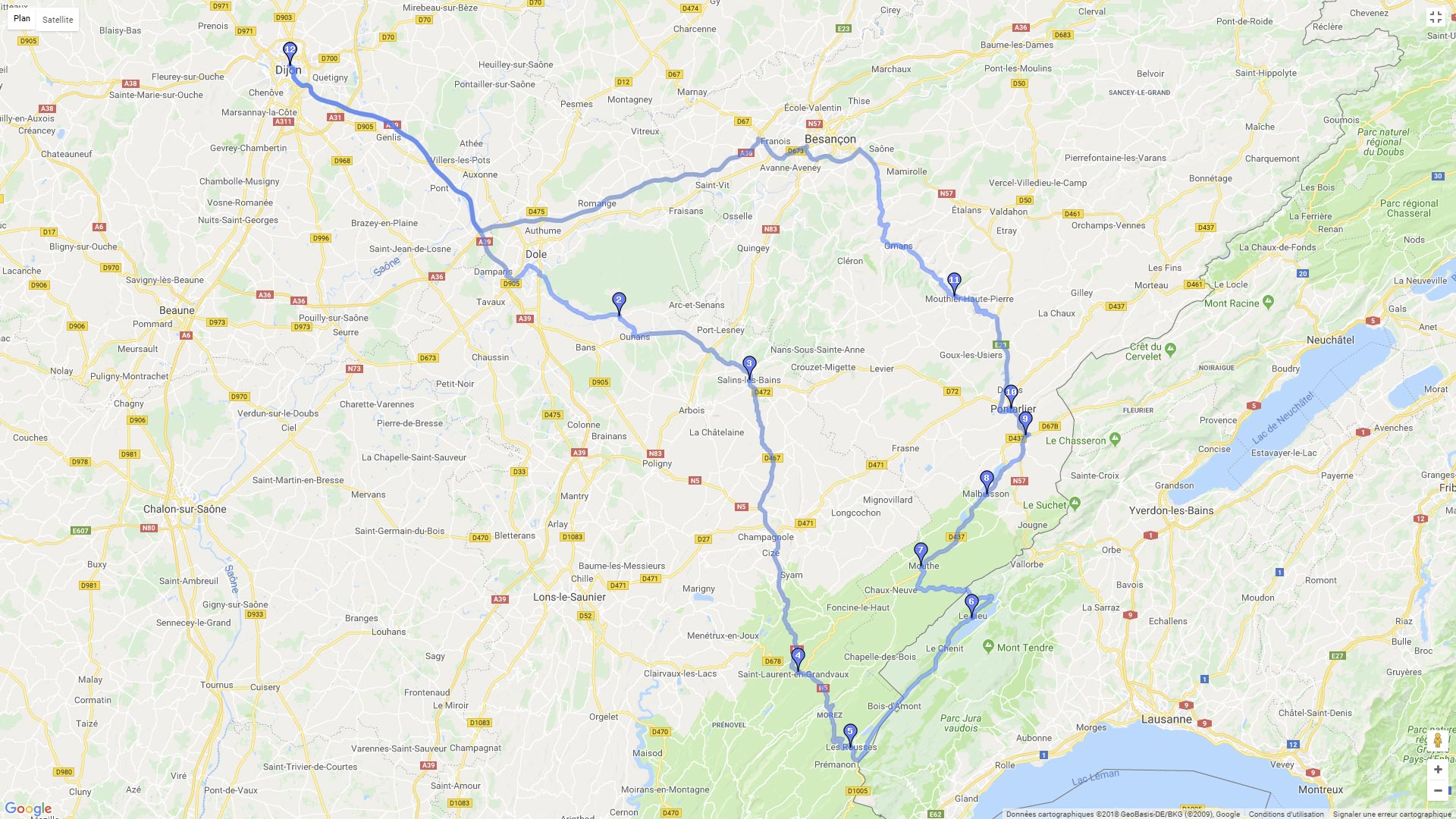 Pour zoomer sur la carte et avoir plus de détails, connectez-vous ! Carte roadbook Dijon Pontarlier