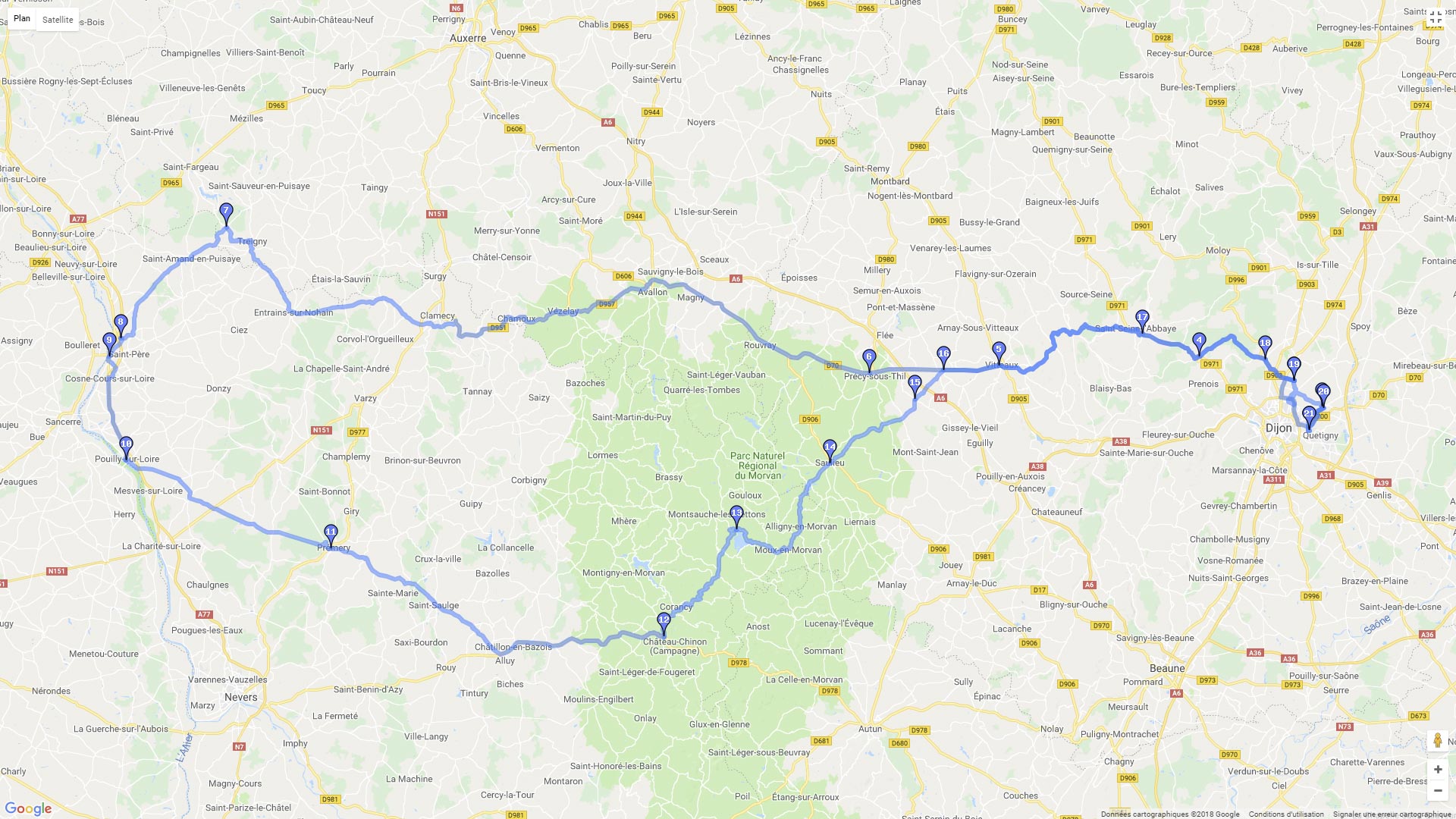 Pour zoomer sur la carte et avoir plus de détails, connectez-vous ! Carte roadbook Boucle de Dijon au Château de Guédelon