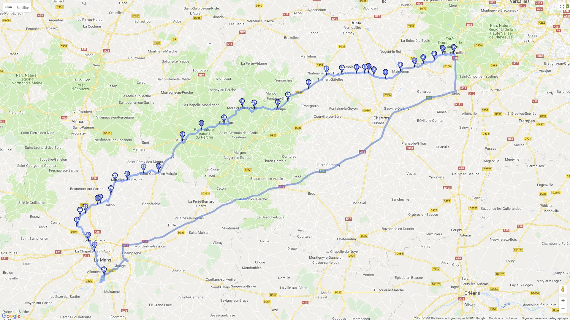 Pour zoomer sur la carte et avoir plus de détails, connectez-vous ! Carte roadbook Rambouillet - Circuit du Mans