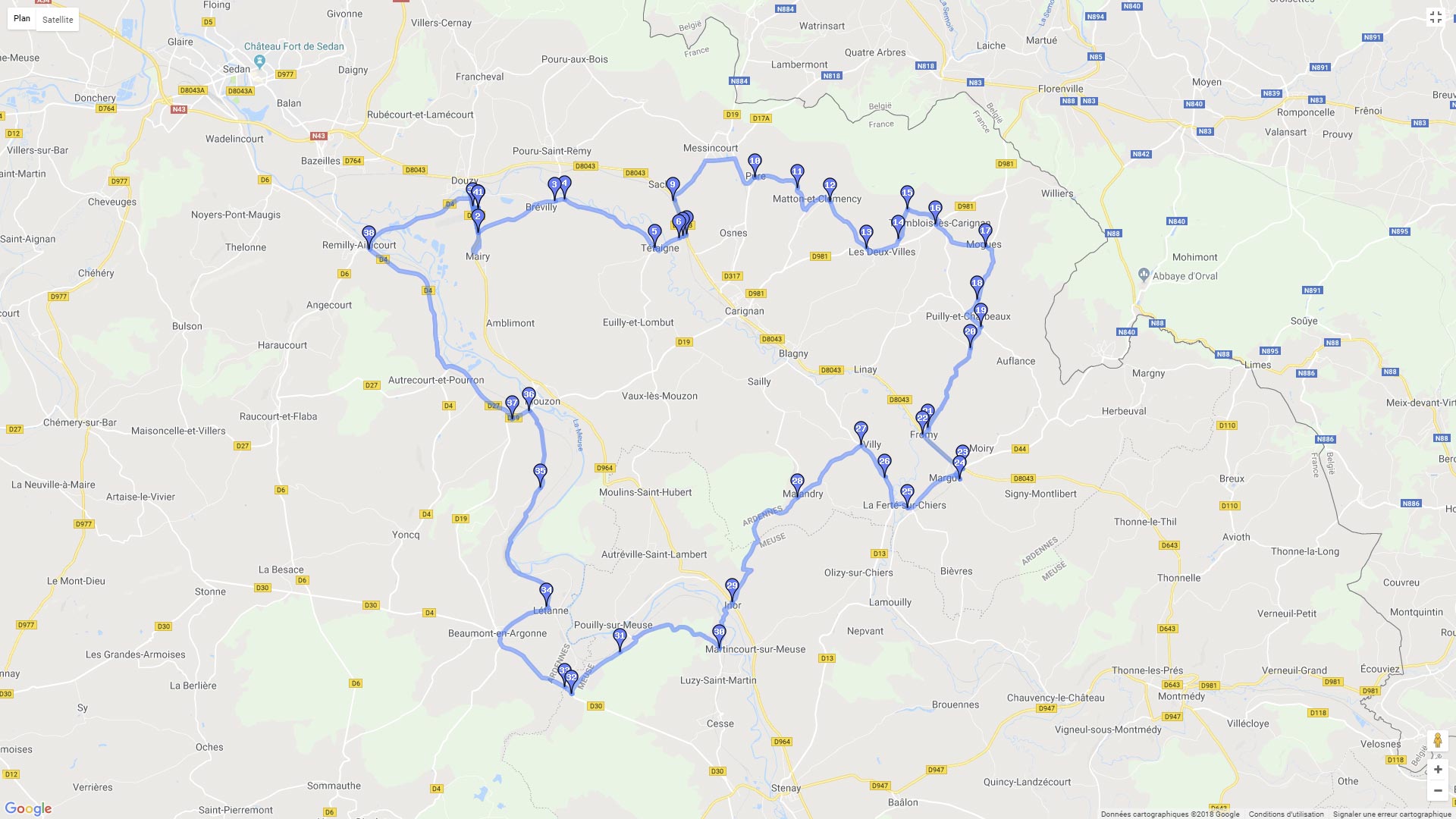 Pour zoomer sur la carte et avoir plus de détails, connectez-vous ! Carte roadbook Ardennes au départ de Douzy