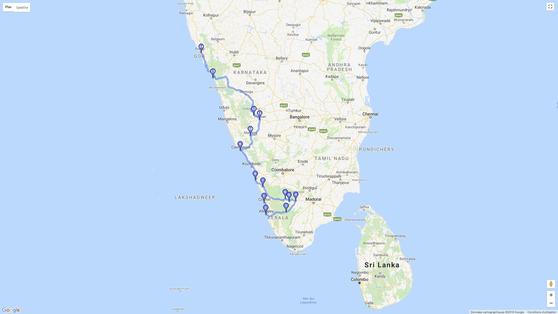 Pour zoomer sur la carte et avoir plus de détails, connectez-vous ! Carte roadbook Inde du Sud