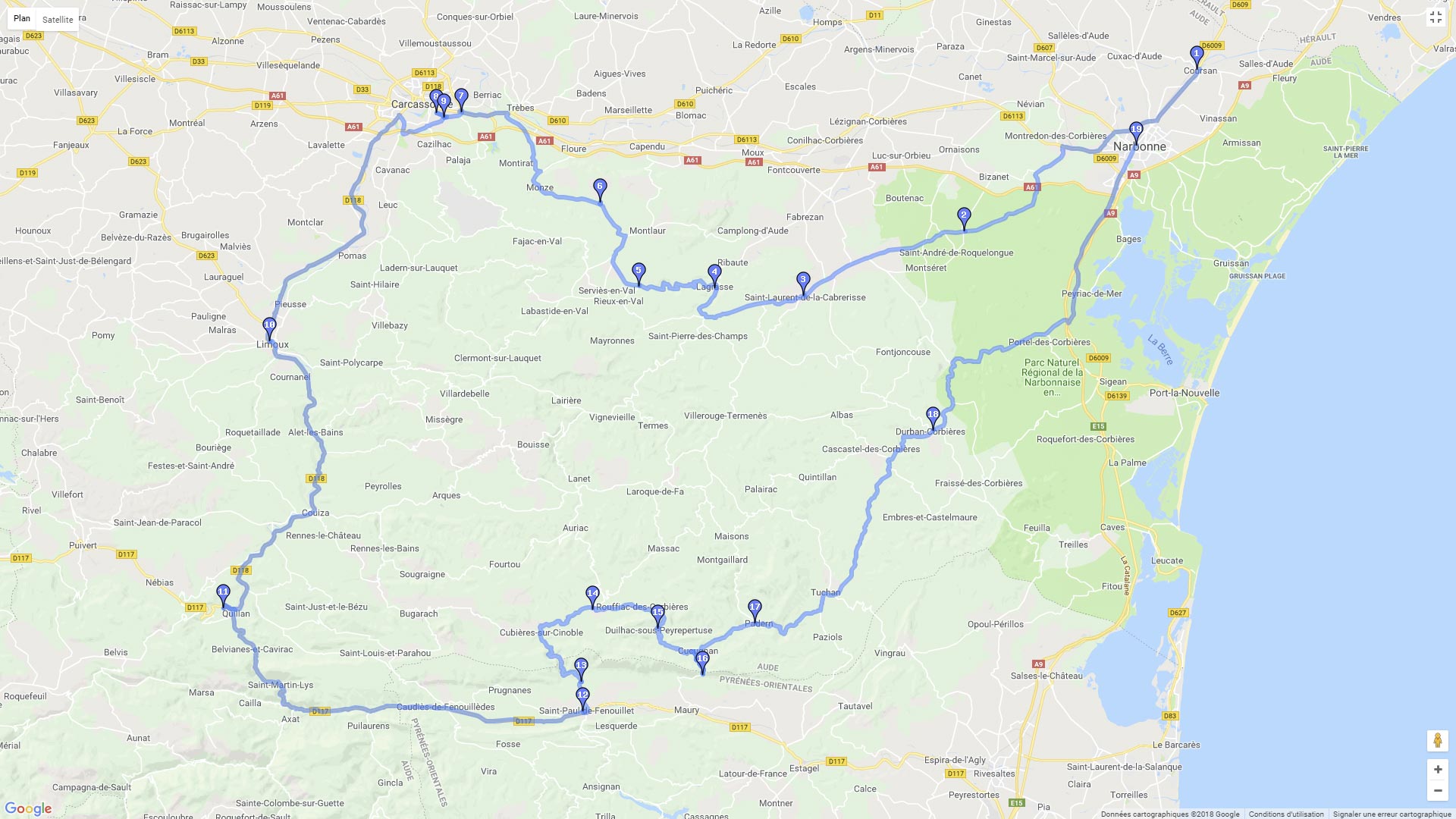 Pour zoomer sur la carte et avoir plus de détails, connectez-vous ! Carte roadbook Routes du Pays Cathare