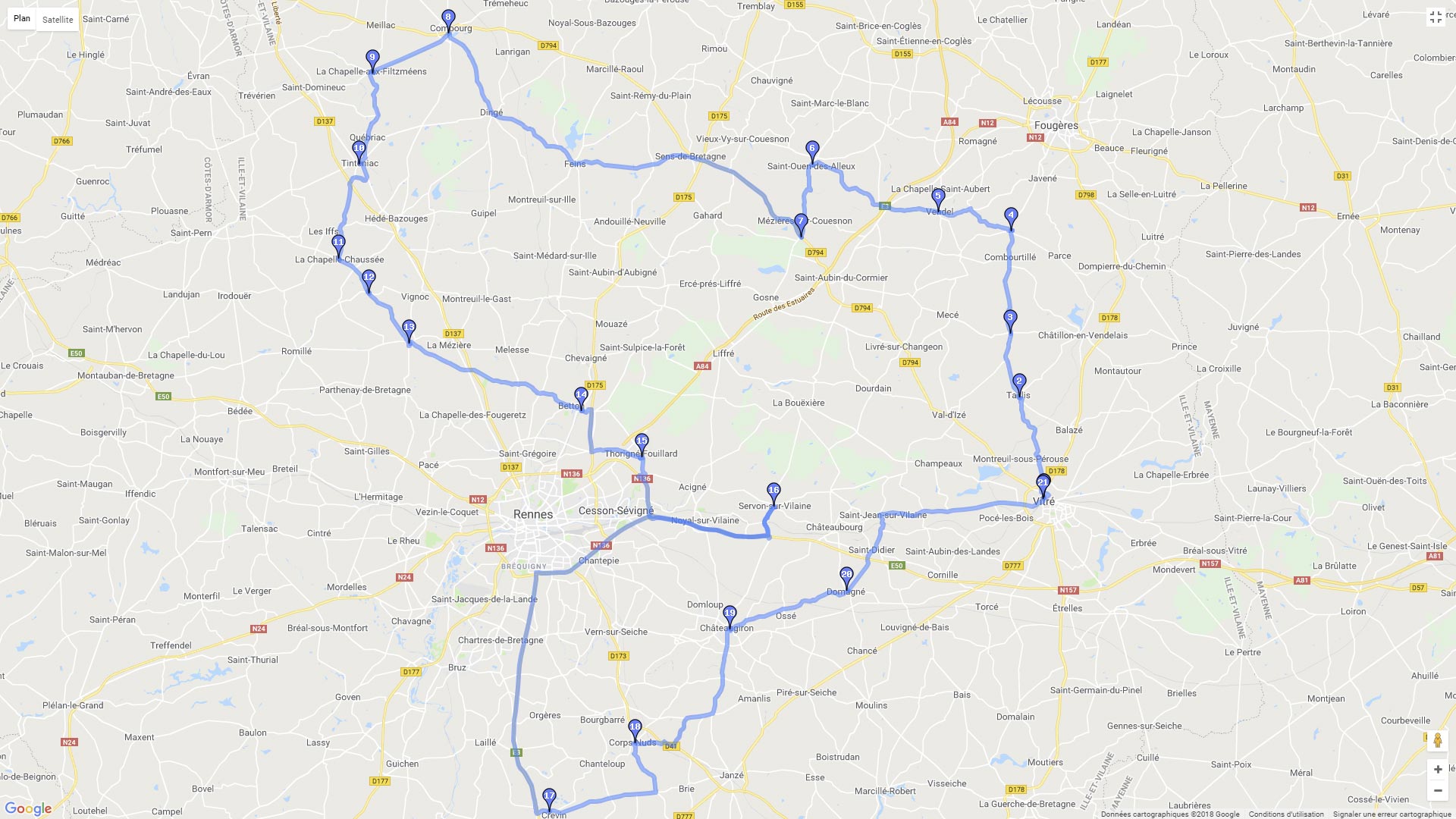 Pour zoomer sur la carte et avoir plus de détails, connectez-vous ! Carte roadbook Autour de Rennes