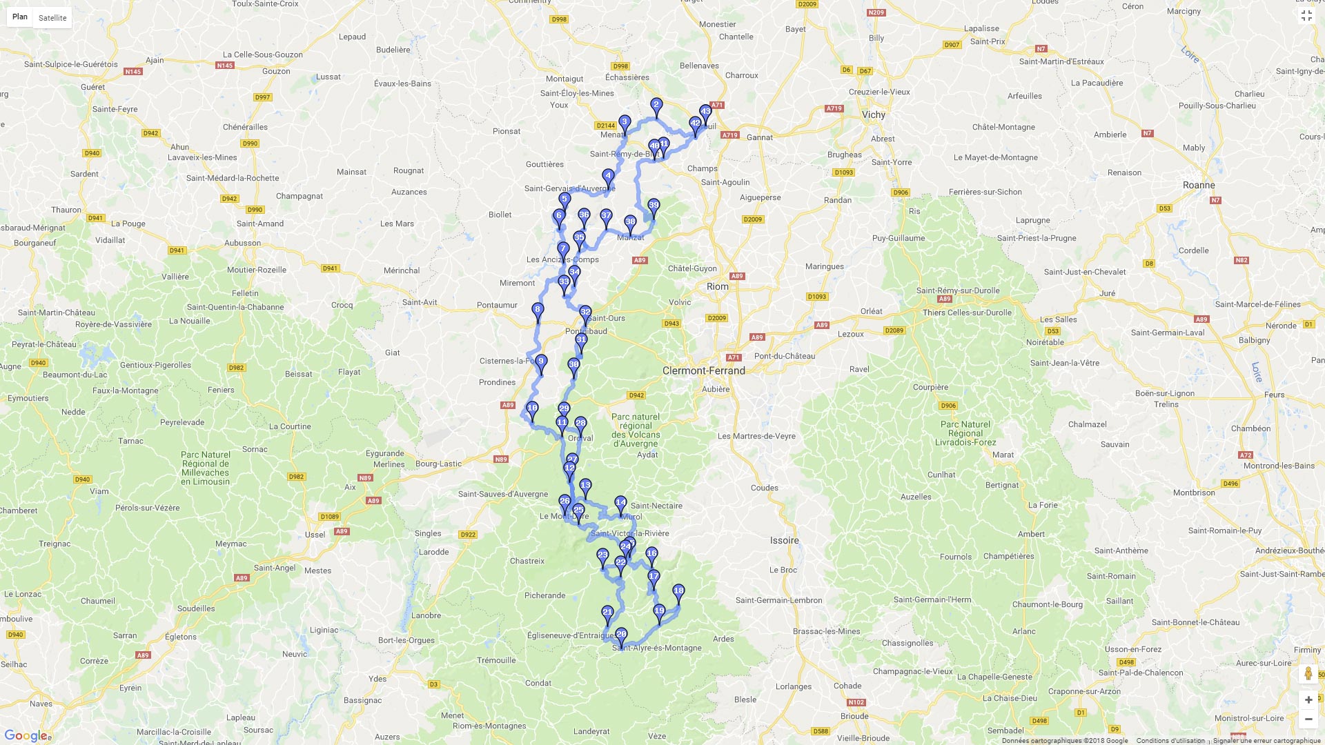 Pour zoomer sur la carte et avoir plus de détails, connectez-vous ! Carte roadbook Les Combrailles, Monts Dore et Cézallier