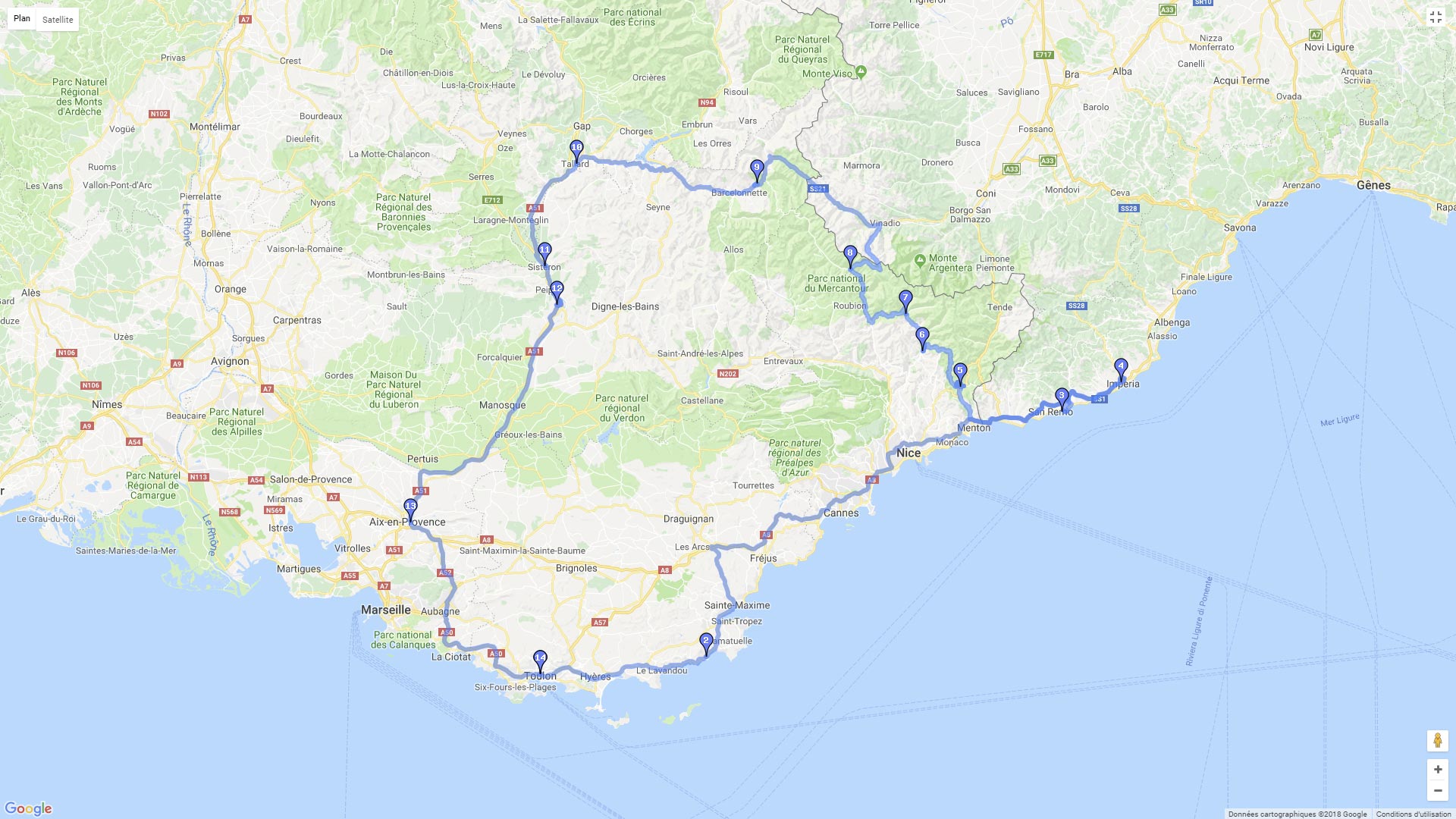 Pour zoomer sur la carte et avoir plus de détails, connectez-vous ! Carte roadbook Toulon Sanremo