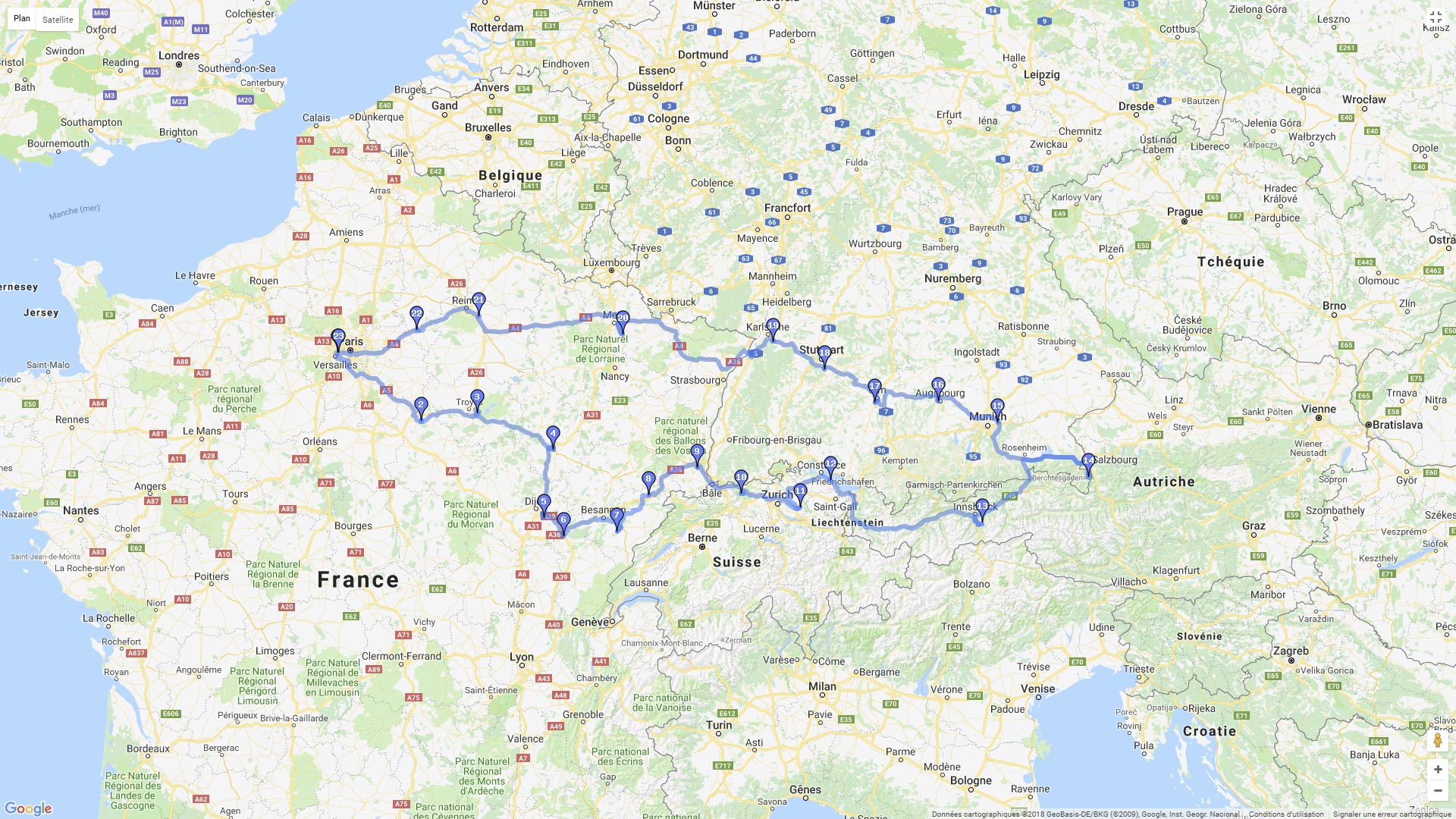 Pour zoomer sur la carte et avoir plus de détails, connectez-vous ! Carte roadbook Paris-Autriche
