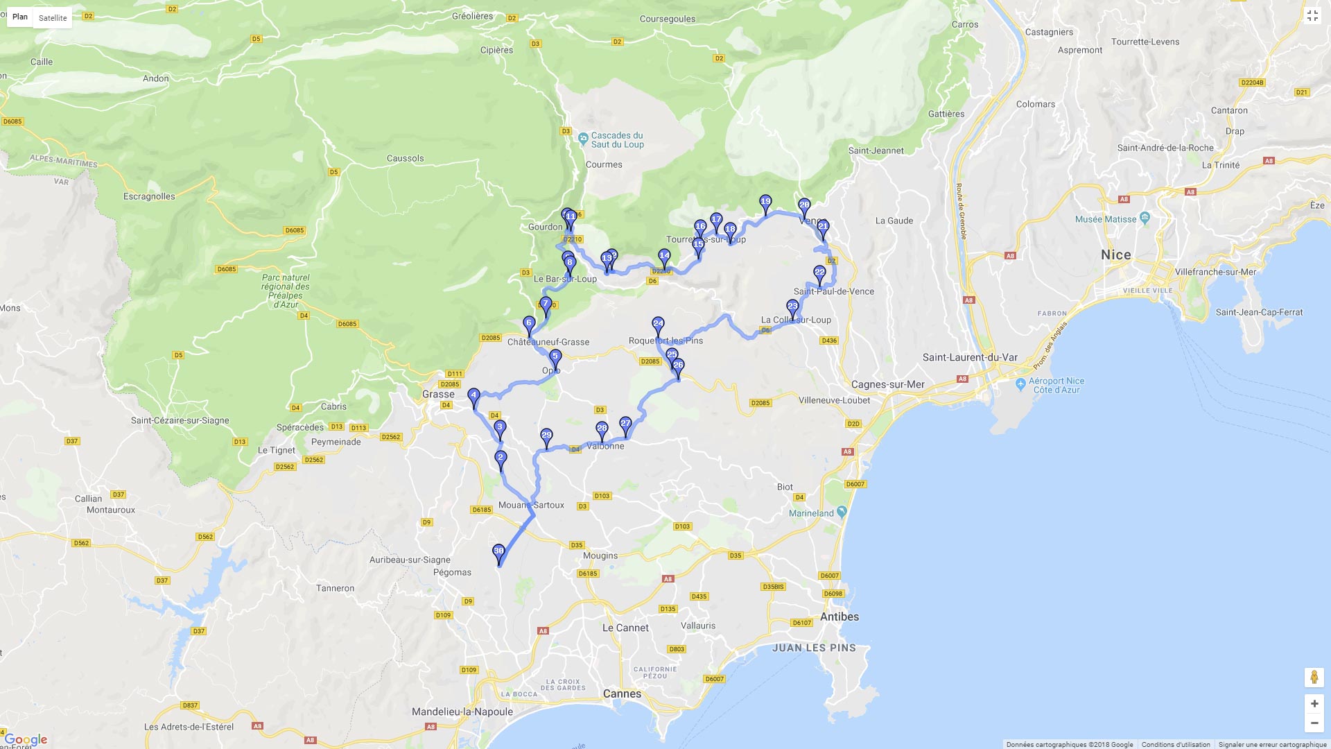 Pour zoomer sur la carte et avoir plus de détails, connectez-vous ! Carte roadbook Grasse Vence