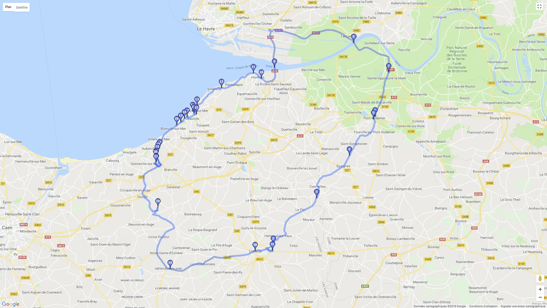 Pour zoomer sur la carte et avoir plus de détails, connectez-vous ! Carte roadbook Autour de Lisieux