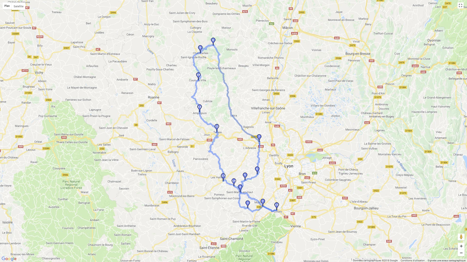 Pour zoomer sur la carte et avoir plus de détails, connectez-vous ! Carte roadbook Givors Vallée Azergues