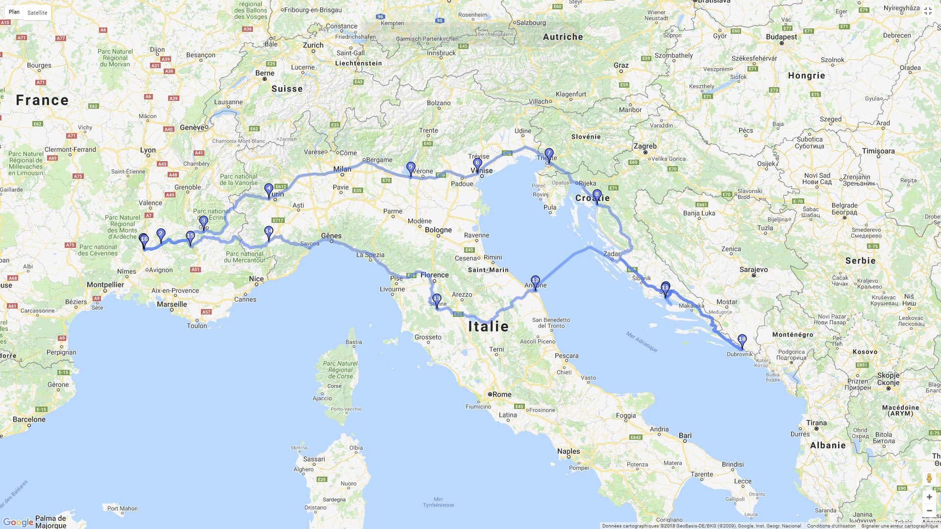Pour zoomer sur la carte et avoir plus de détails, connectez-vous ! Carte roadbook France Croatie