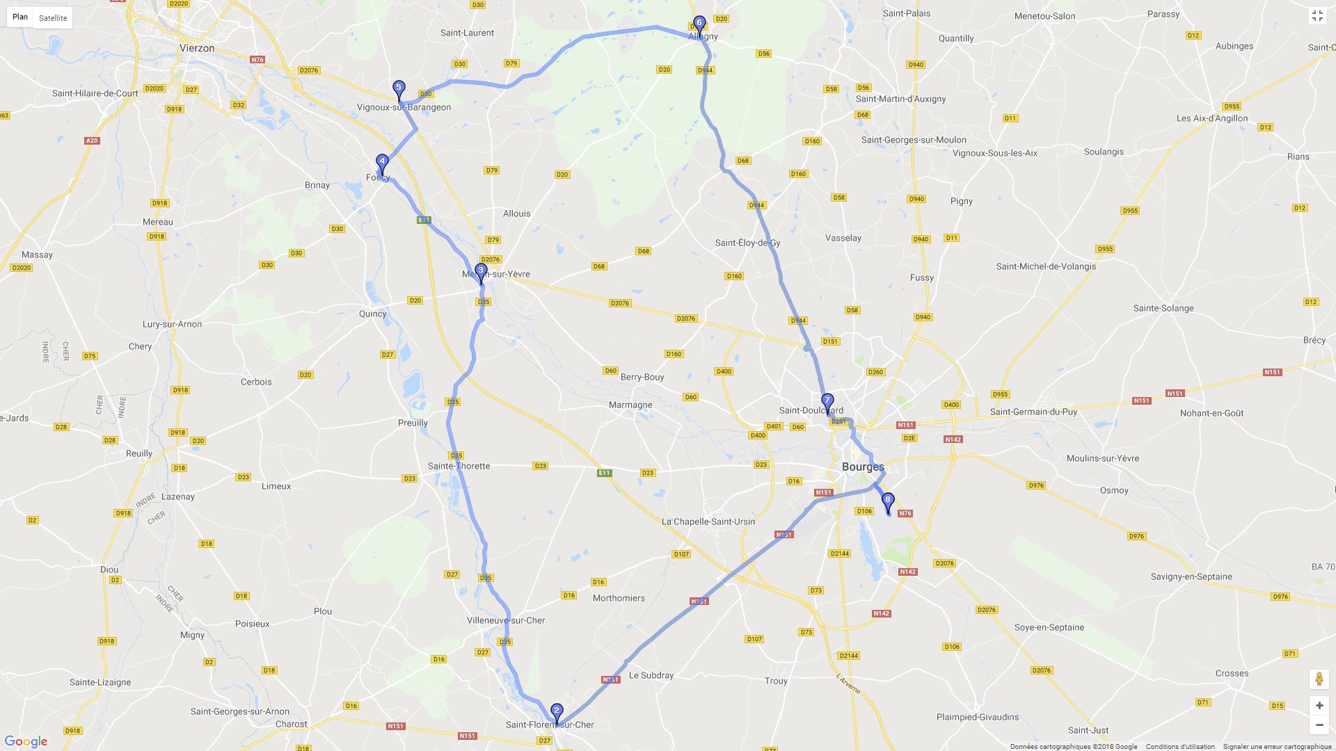 Pour zoomer sur la carte et avoir plus de détails, connectez-vous ! Carte roadbook Autour de Bourges