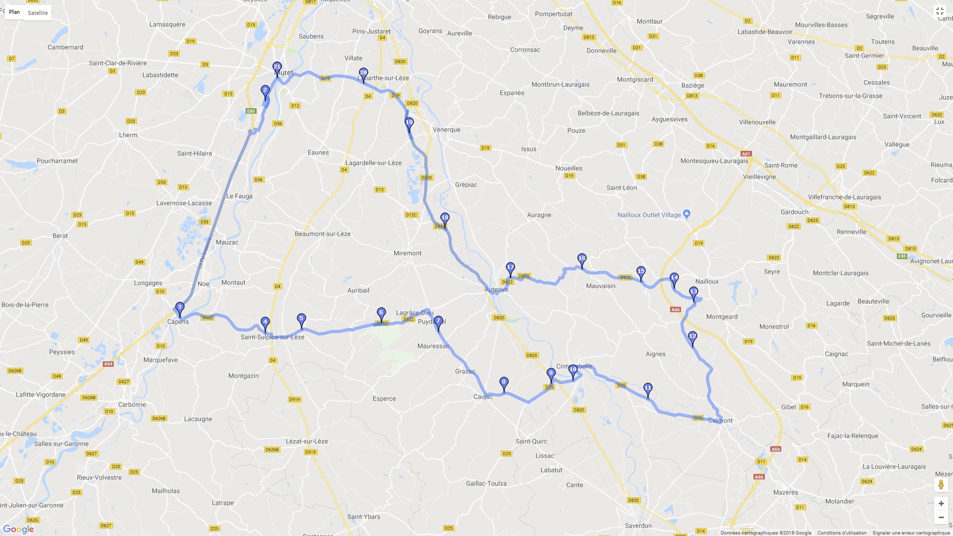 Pour zoomer sur la carte et avoir plus de détails, connectez-vous ! Carte roadbook Toulouse par le sud