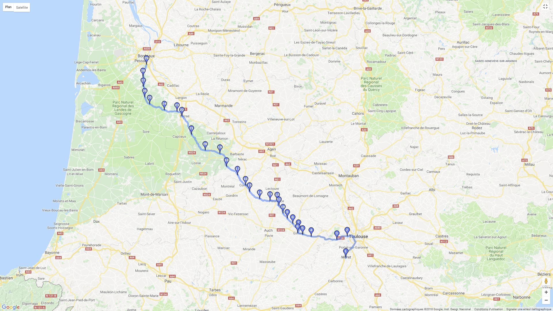 Pour zoomer sur la carte et avoir plus de détails, connectez-vous ! Carte roadbook Toulouse à Bordeaux en mode balade