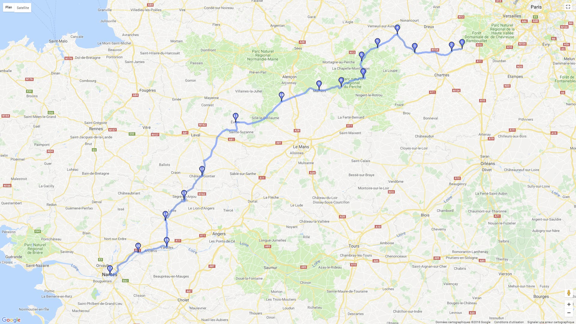 Pour zoomer sur la carte et avoir plus de détails, connectez-vous ! Carte roadbook Paris - Nantes par les départementales