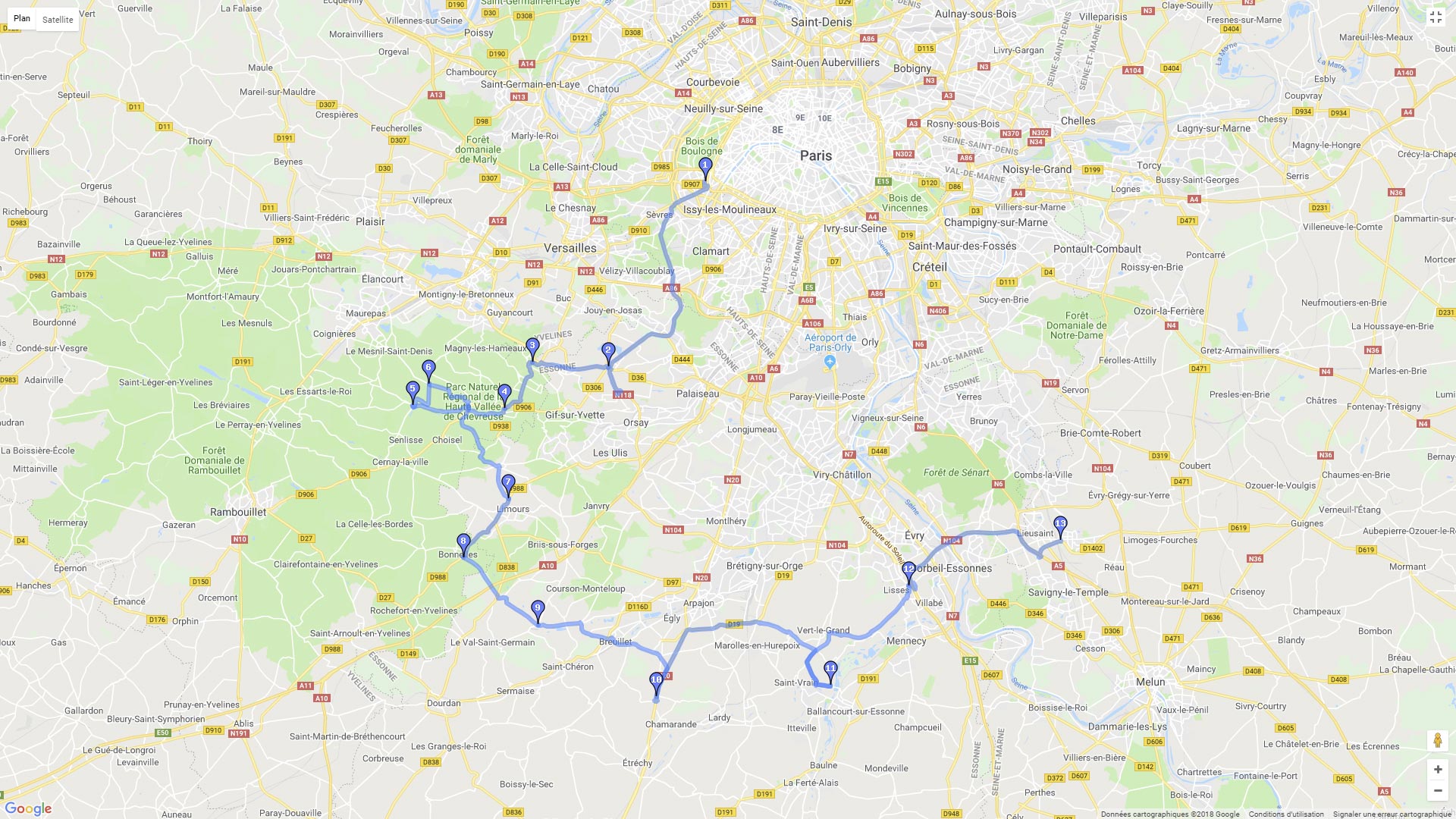 Pour zoomer sur la carte et avoir plus de détails, connectez-vous ! Carte roadbook Boucle au sud de Paris