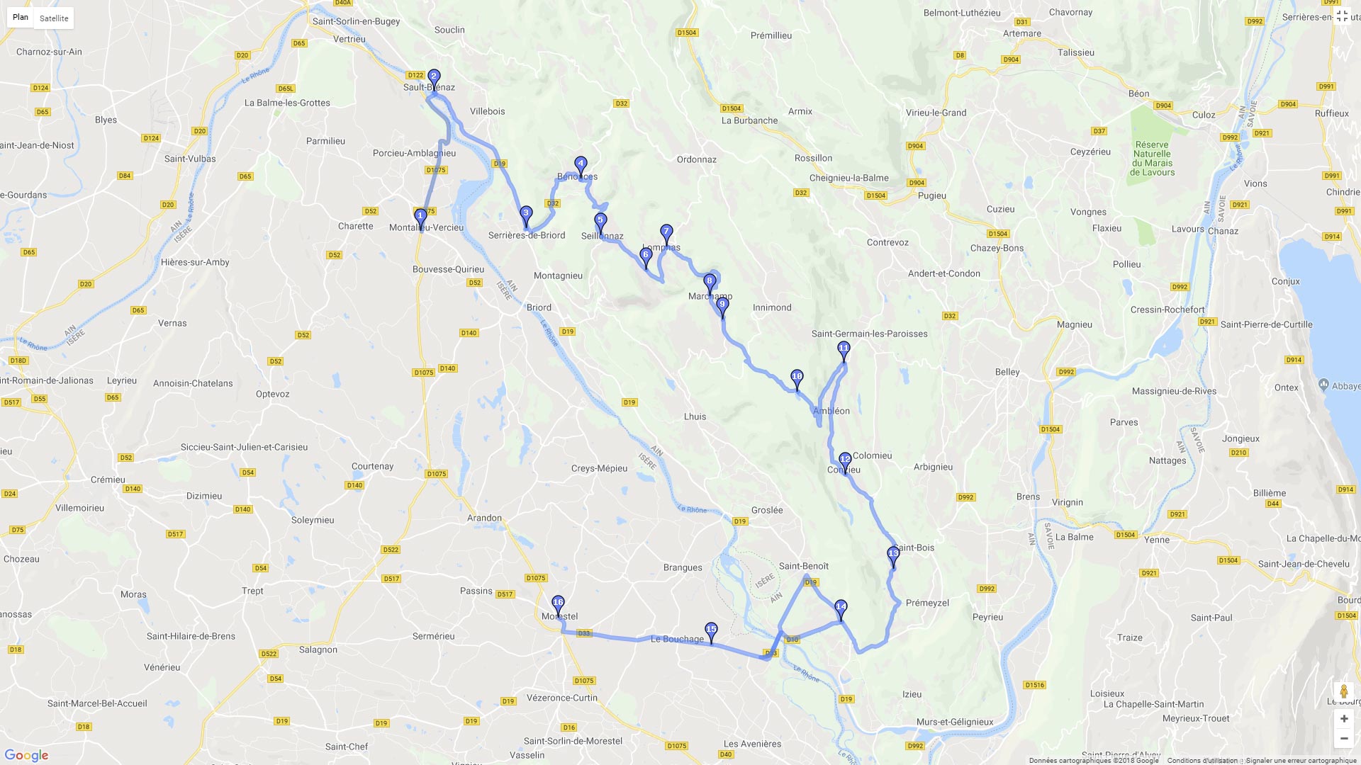 Pour zoomer sur la carte et avoir plus de détails, connectez-vous ! Carte roadbook Entre bois et forêt de l'Ain et Isère