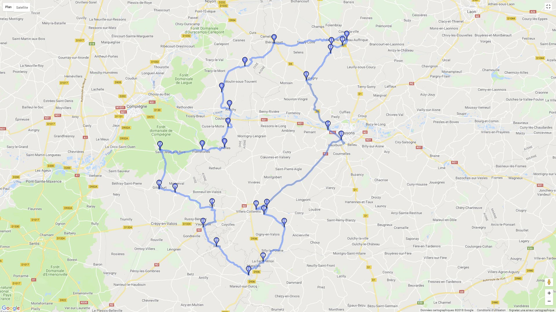Pour zoomer sur la carte et avoir plus de détails, connectez-vous ! Carte roadbook Les chateaux royaux de l'Oise et l'Aisne