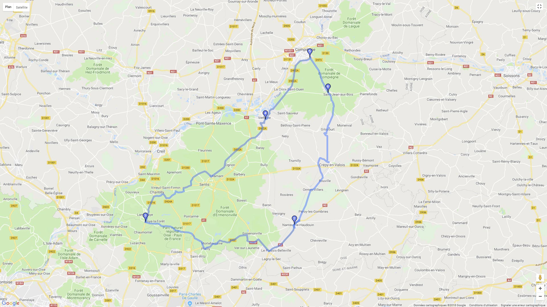 Pour zoomer sur la carte et avoir plus de détails, connectez-vous ! Carte roadbook Autour de Compiègne