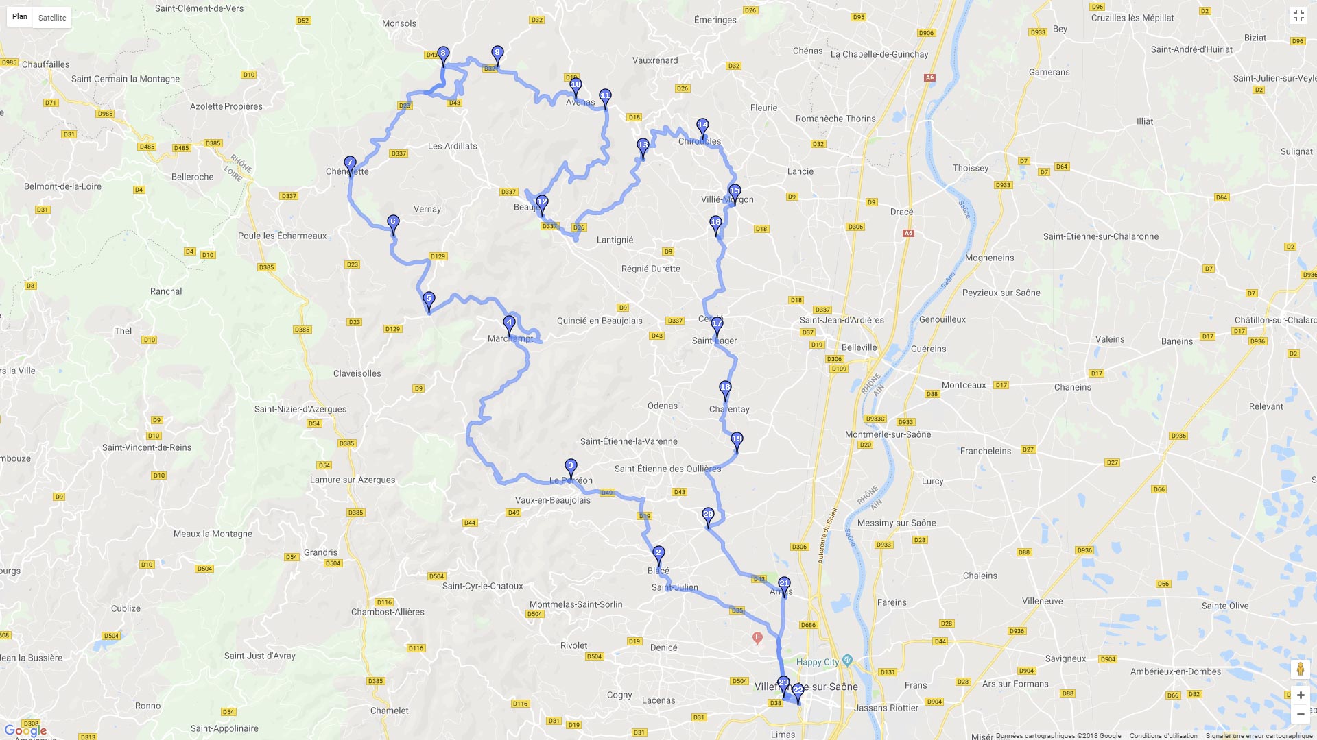 Pour zoomer sur la carte et avoir plus de détails, connectez-vous ! Carte roadbook Beaujolais par MontClair