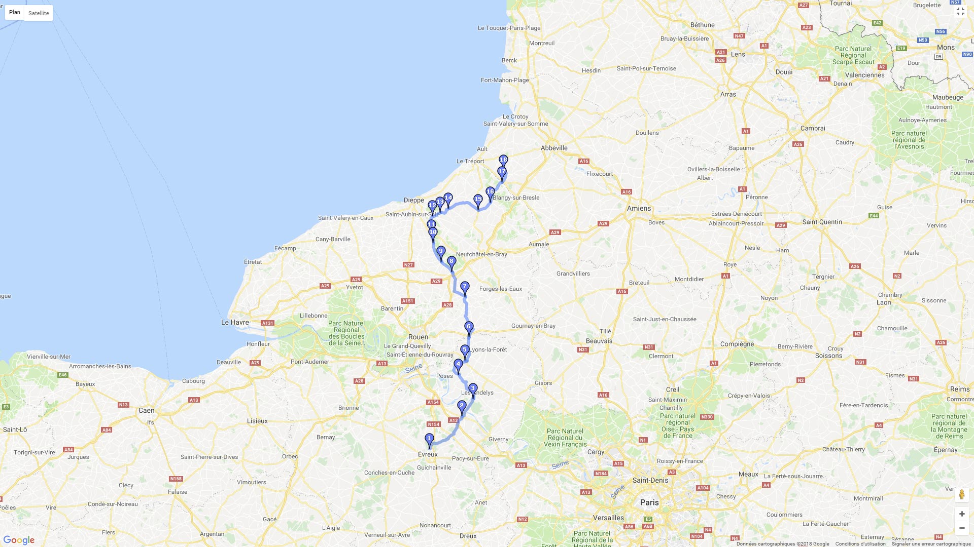 Pour zoomer sur la carte et avoir plus de détails, connectez-vous ! Carte roadbook d'Evreux Vers la Forêt Domaniale d'Eu