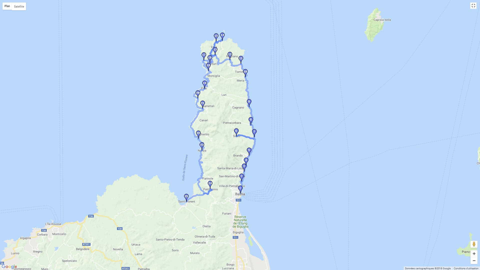 Pour zoomer sur la carte et avoir plus de détails, connectez-vous ! Carte roadbook Corse Bastia St Florent