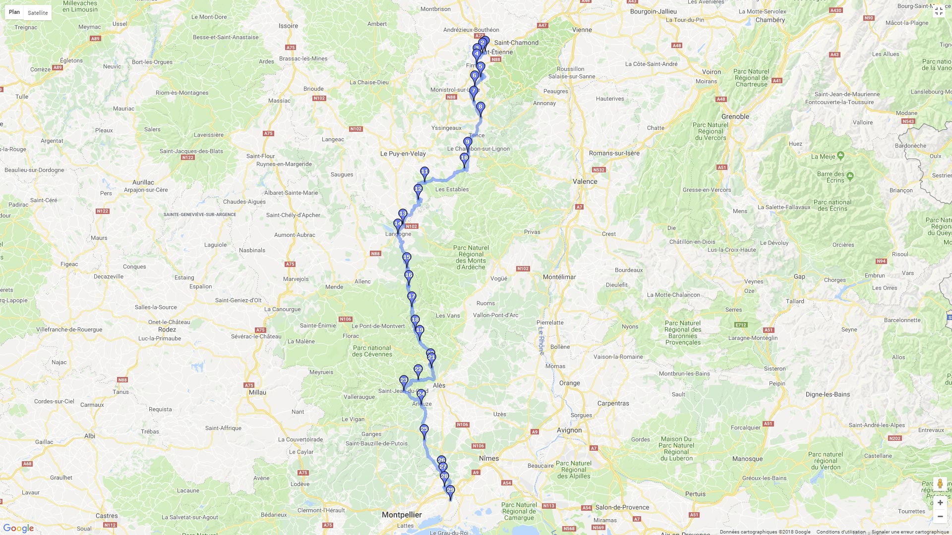 Pour zoomer sur la carte et avoir plus de détails, connectez-vous ! Carte roadbook St Etienne Lunel