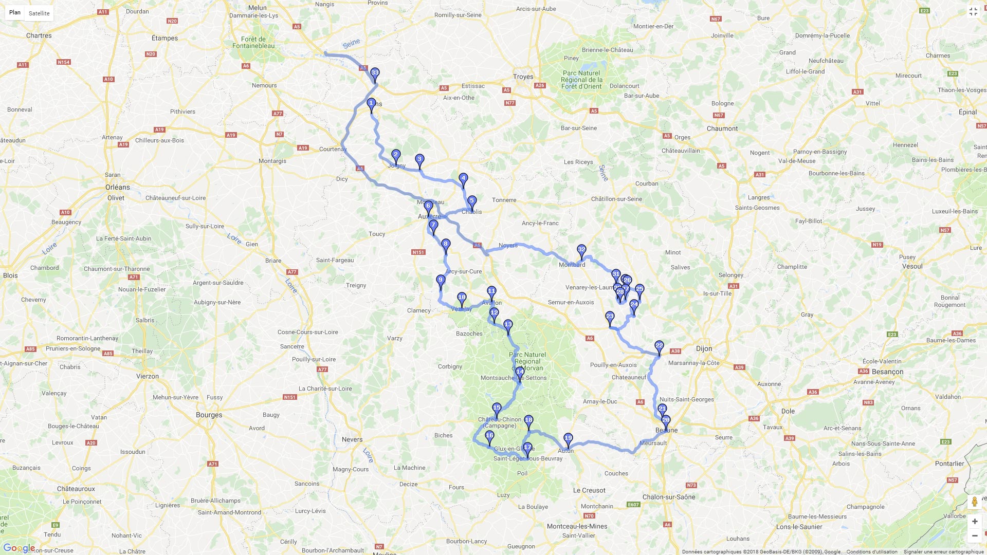 Pour zoomer sur la carte et avoir plus de détails, connectez-vous ! Carte roadbook Parcs du Gatinais et Morvan