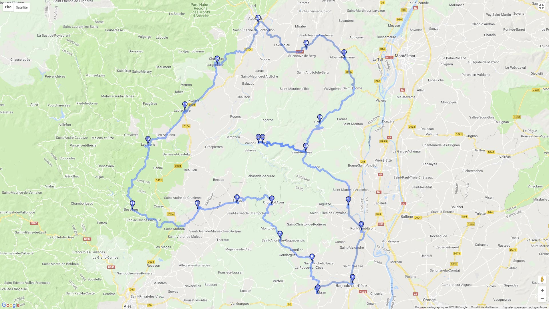 Pour zoomer sur la carte et avoir plus de détails, connectez-vous ! Carte roadbook Ardèche méridionale