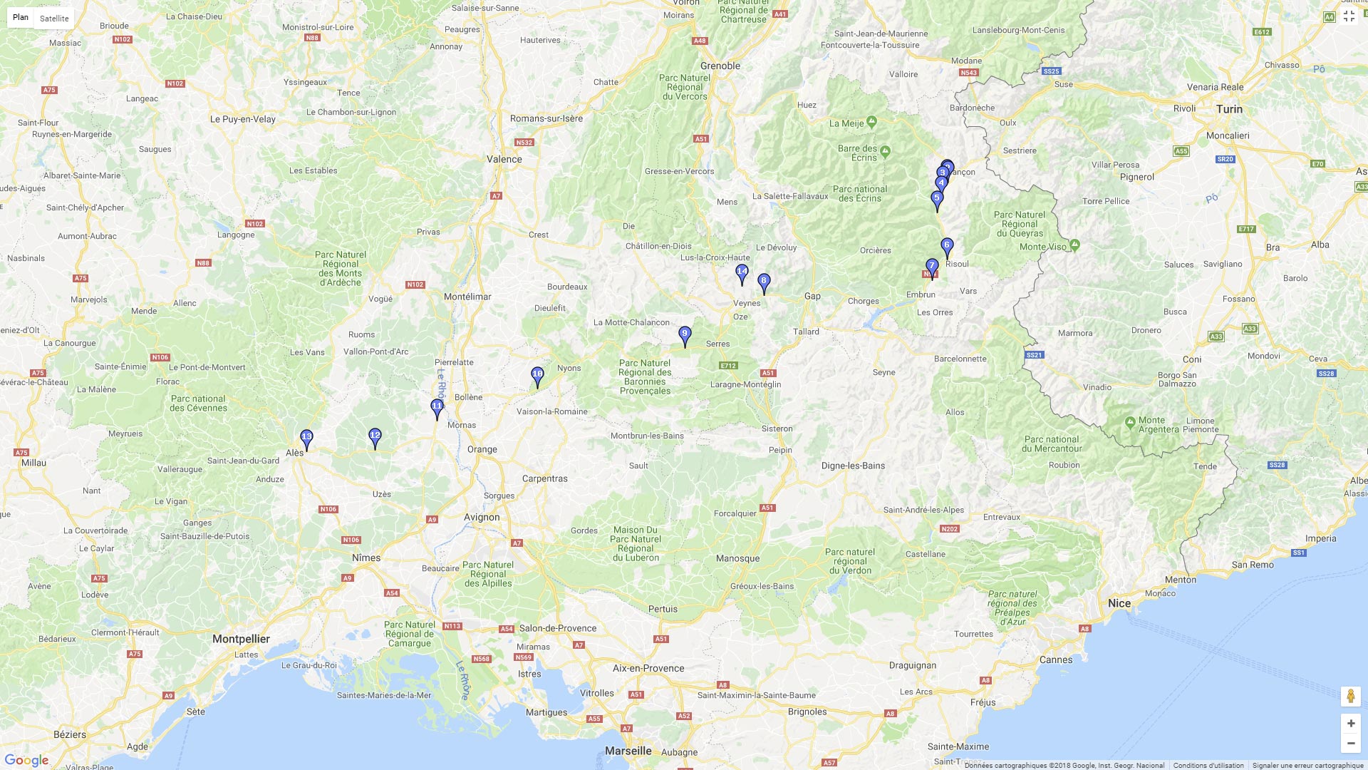 Pour zoomer sur la carte et avoir plus de détails, connectez-vous ! Carte roadbook d'Alès au Parc naturel des Ecrins