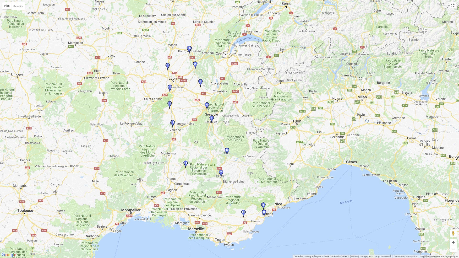 Pour zoomer sur la carte et avoir plus de détails, connectez-vous ! Carte roadbook Bourg en Bresse - Route Napoléon - Napoule - Gorges de l'Ardèche