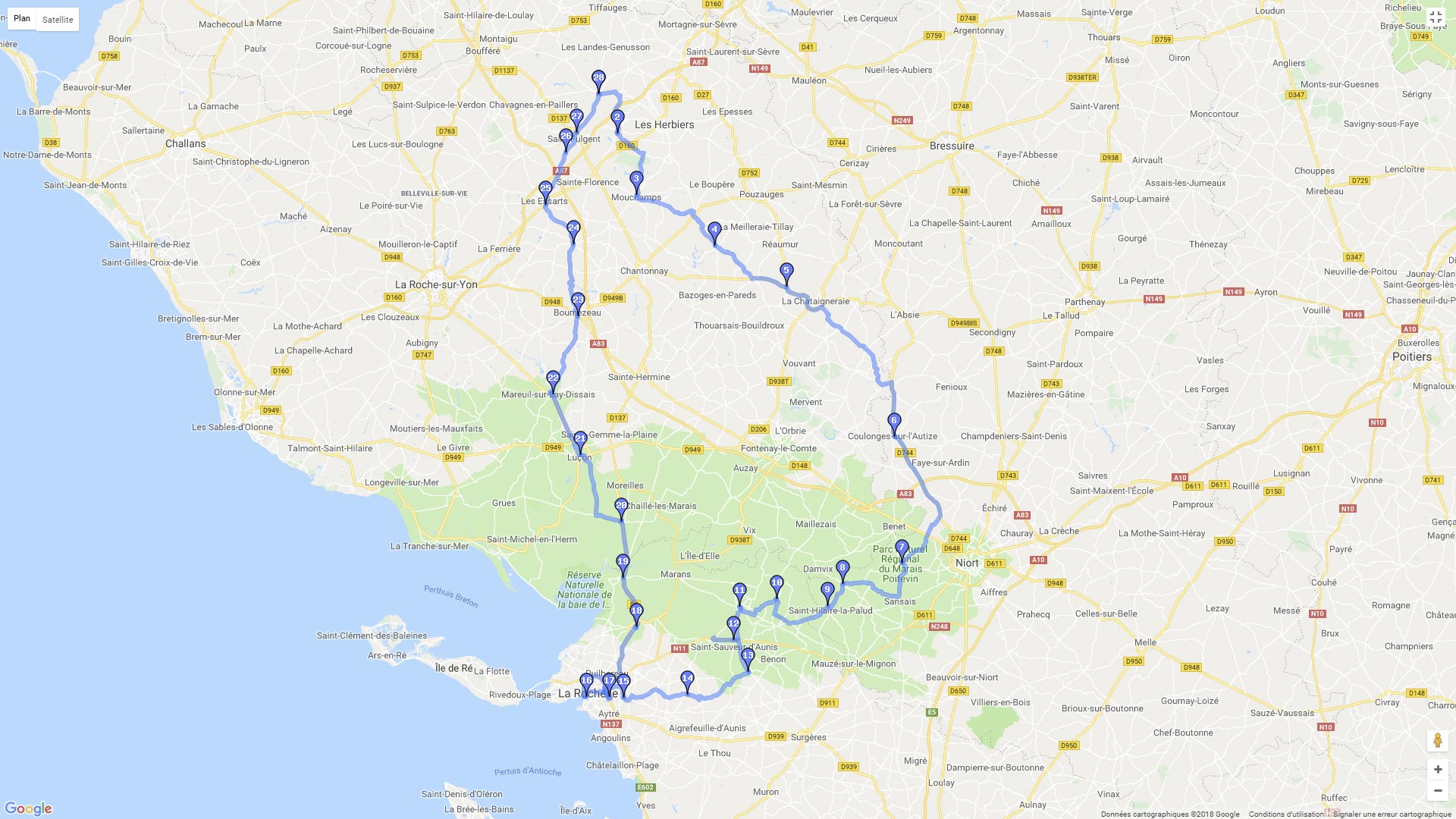 Pour zoomer sur la carte et avoir plus de détails, connectez-vous ! Carte roadbook La Rochelle Niort Roche sur Yon