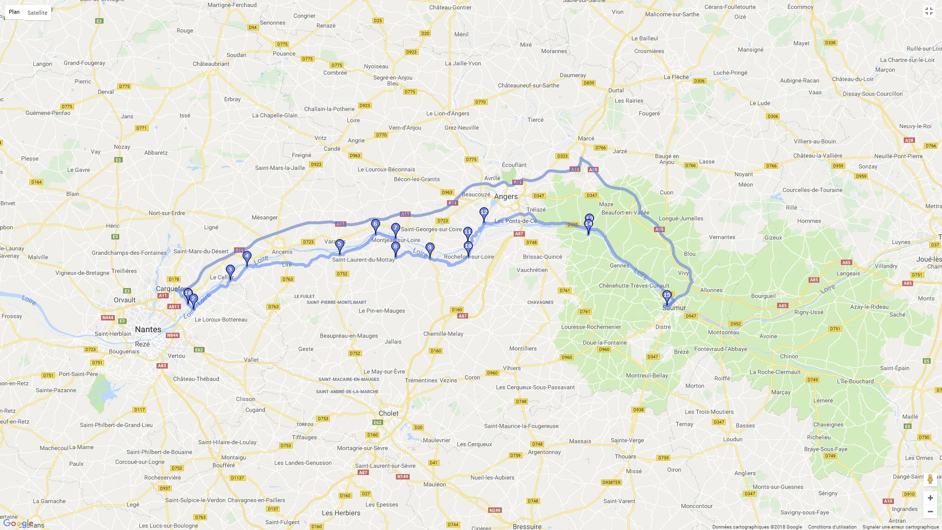 Pour zoomer sur la carte et avoir plus de détails, connectez-vous ! Carte roadbook les bords de Loire en Anjou