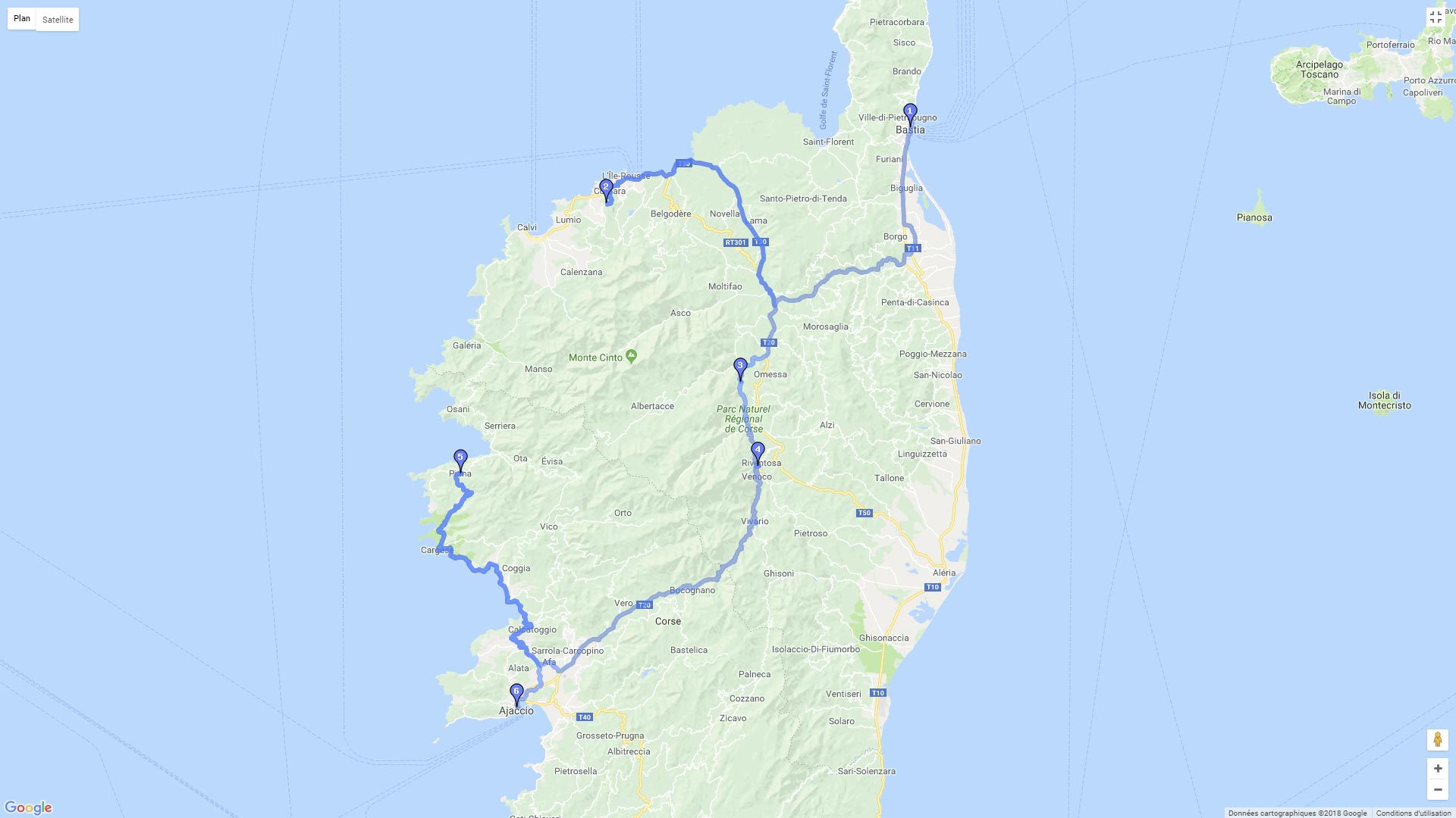 Pour zoomer sur la carte et avoir plus de détails, connectez-vous ! Carte roadbook Haute Corse