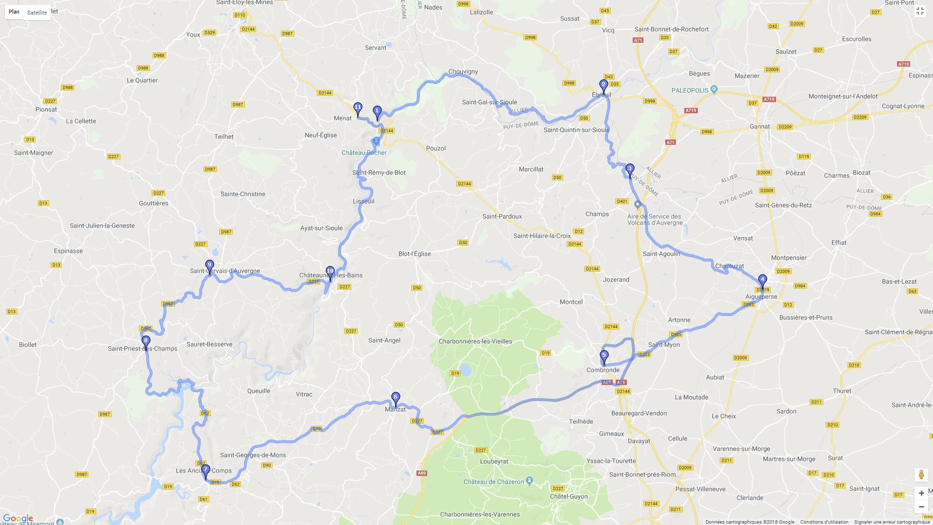 Pour zoomer sur la carte et avoir plus de détails, connectez-vous ! Carte roadbook Les Gorges de la Sioule