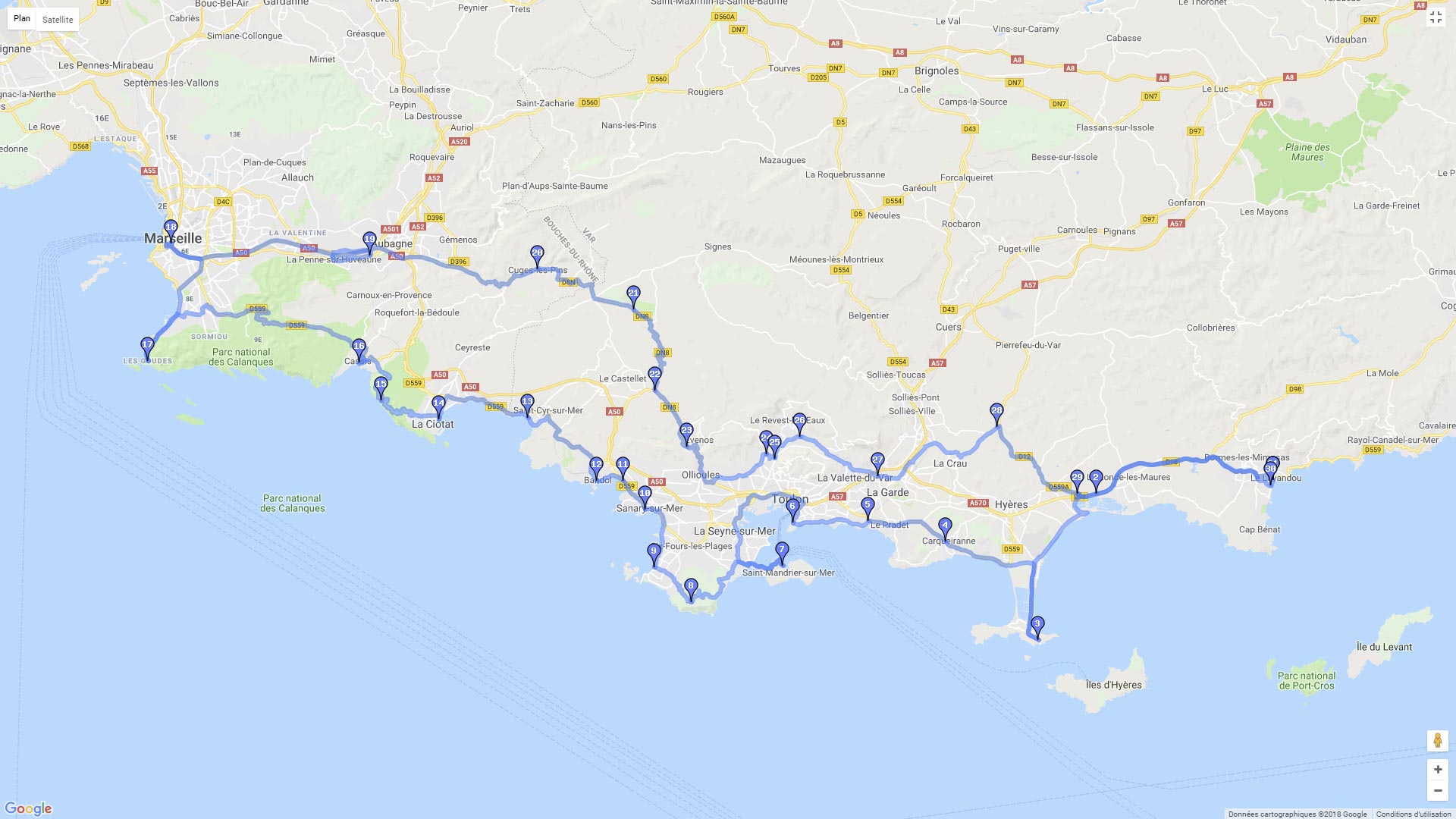 Pour zoomer sur la carte et avoir plus de détails, connectez-vous ! Carte roadbook Le Lavandou