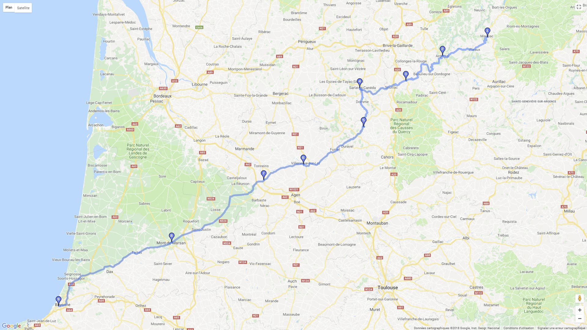 Pour zoomer sur la carte et avoir plus de détails, connectez-vous ! Carte roadbook Mauriac Bayonne
