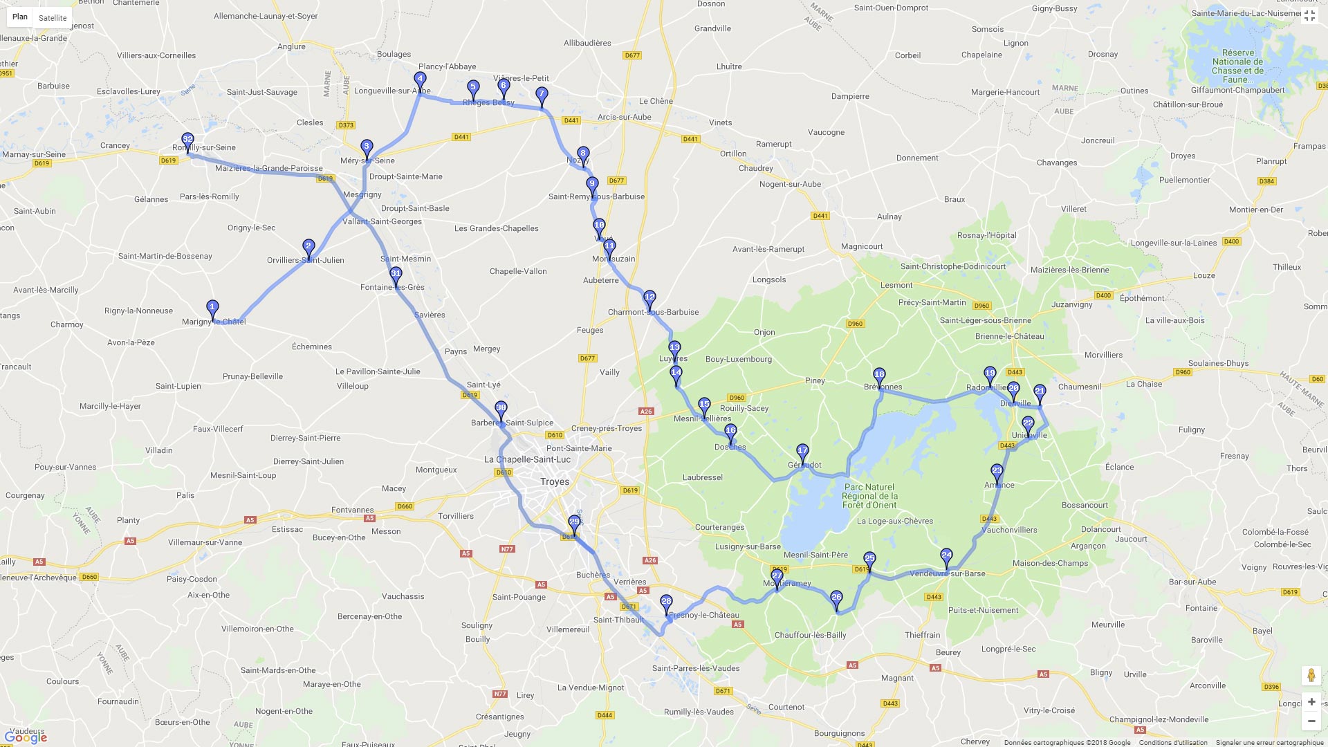 Pour zoomer sur la carte et avoir plus de détails, connectez-vous ! Carte roadbook Parc naturel régional de la Forêt d'Orient